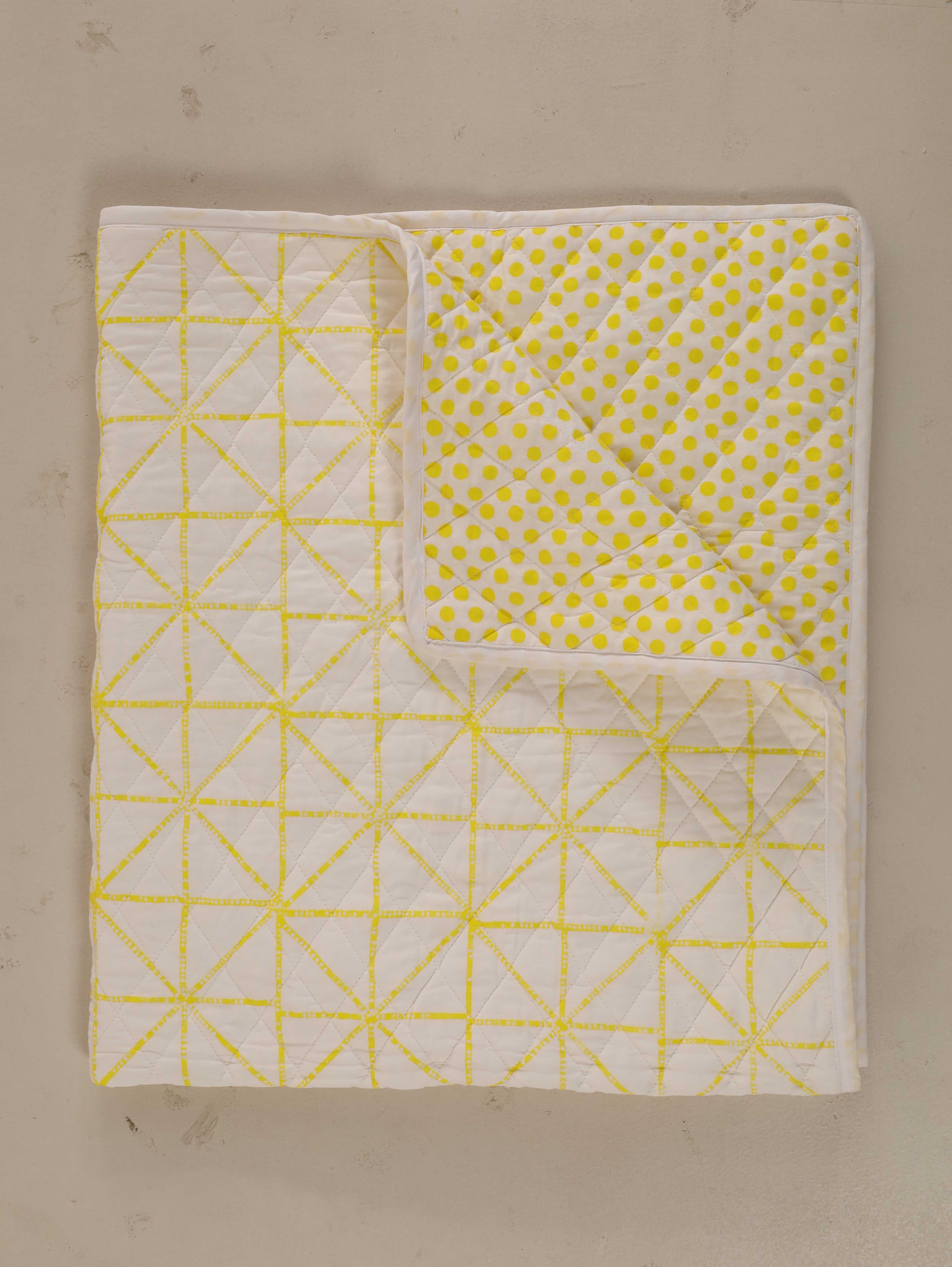 Reversible Citron Geometric & Polka Dot Baby Quilt - Soft Toddler Blanket