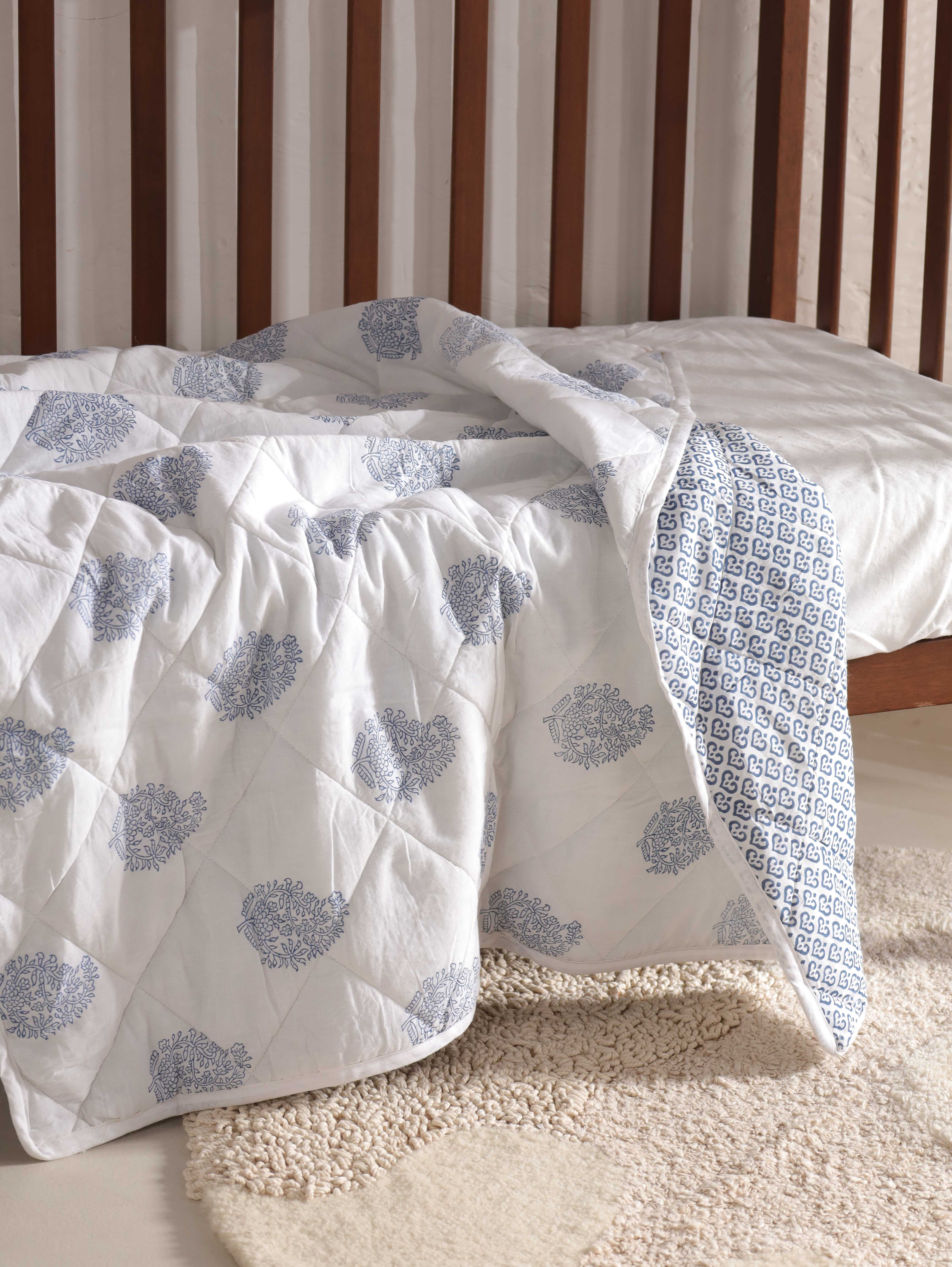 Reversible Indigo Blue Floral & Medallion Baby Quilt - Soft Crib Blanket