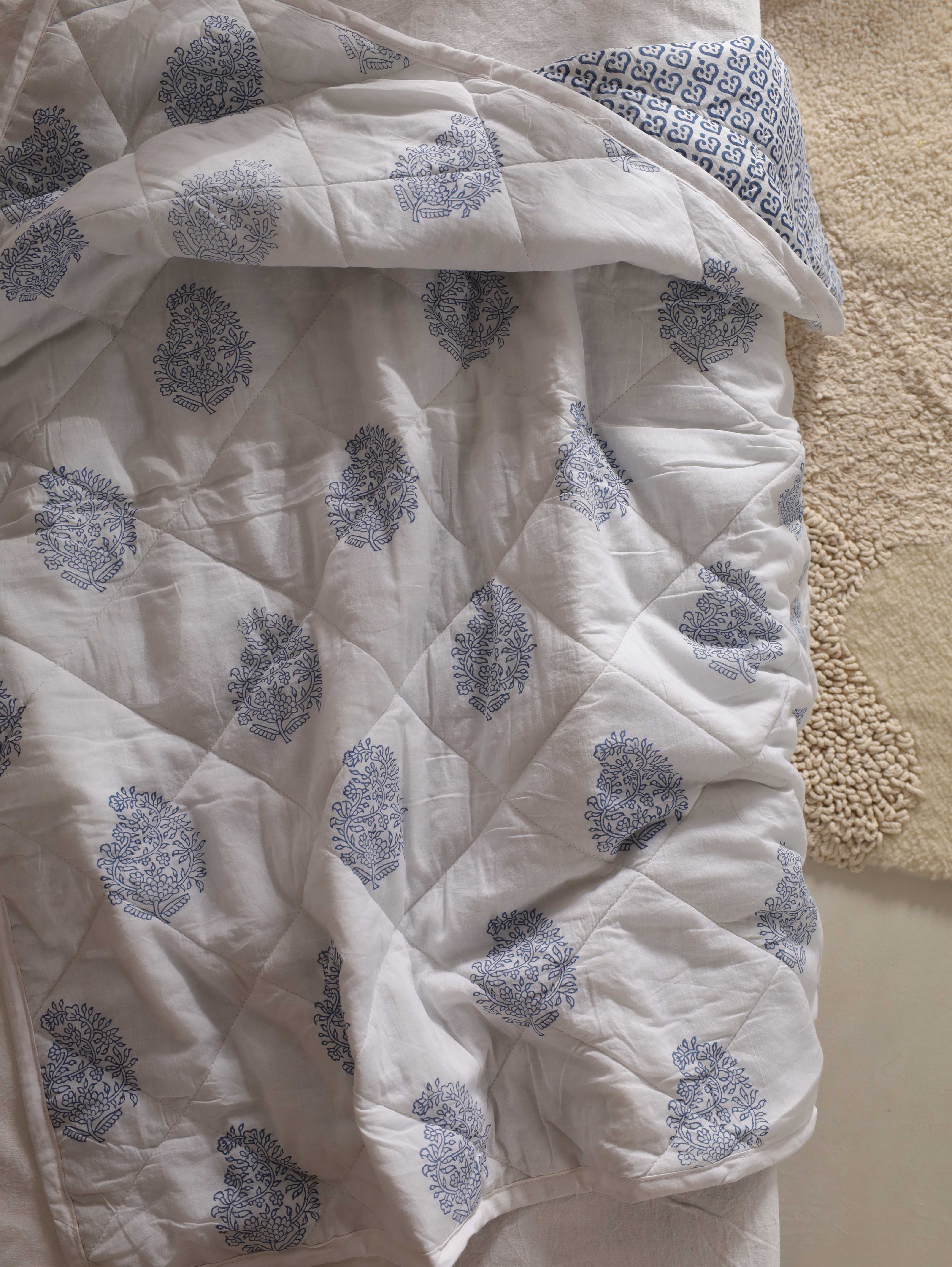 Reversible Indigo Blue Floral & Medallion Baby Quilt - Soft Crib Blanket