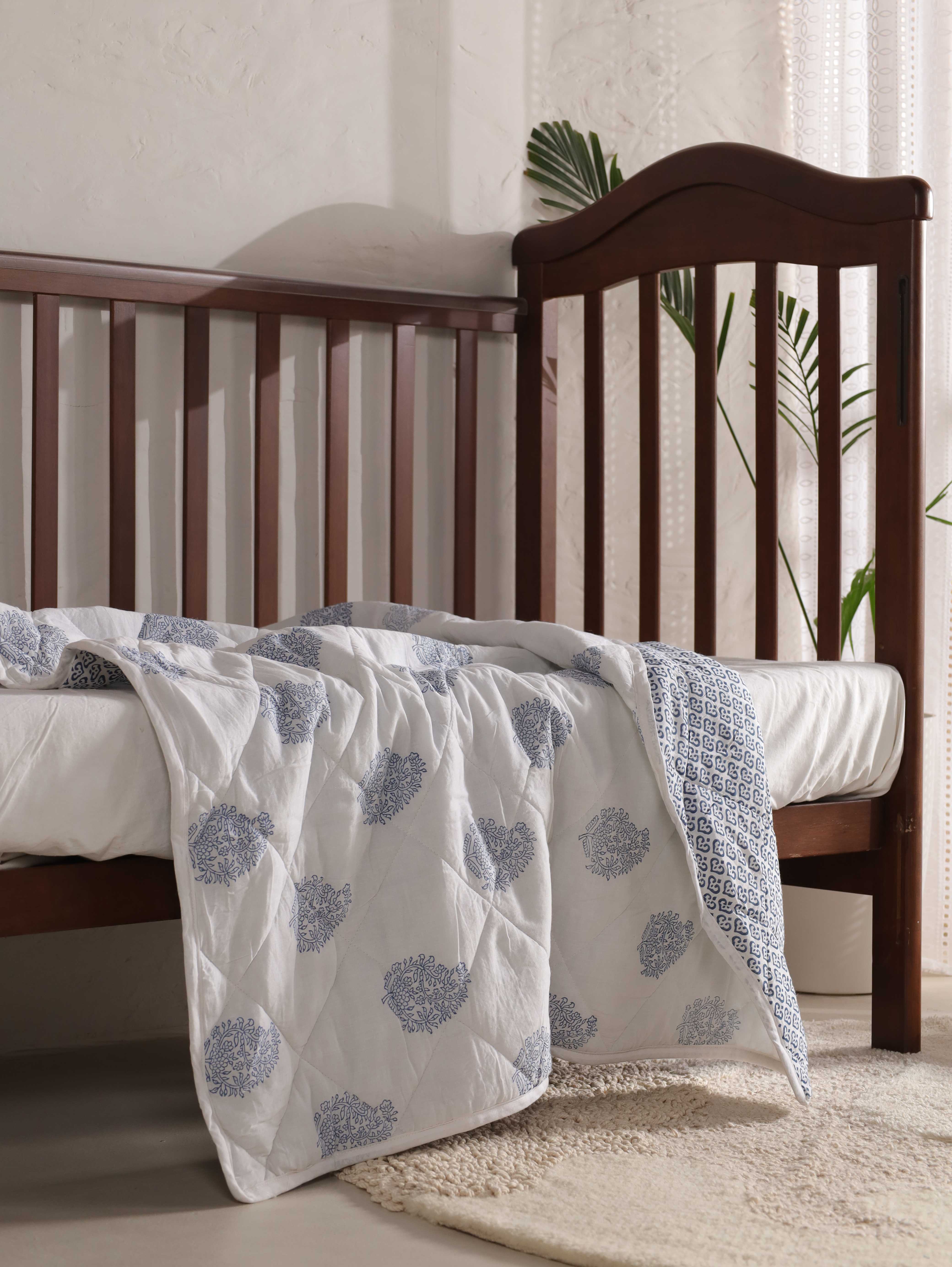 Reversible Indigo Blue Floral & Medallion Baby Quilt - Soft Crib Blanket