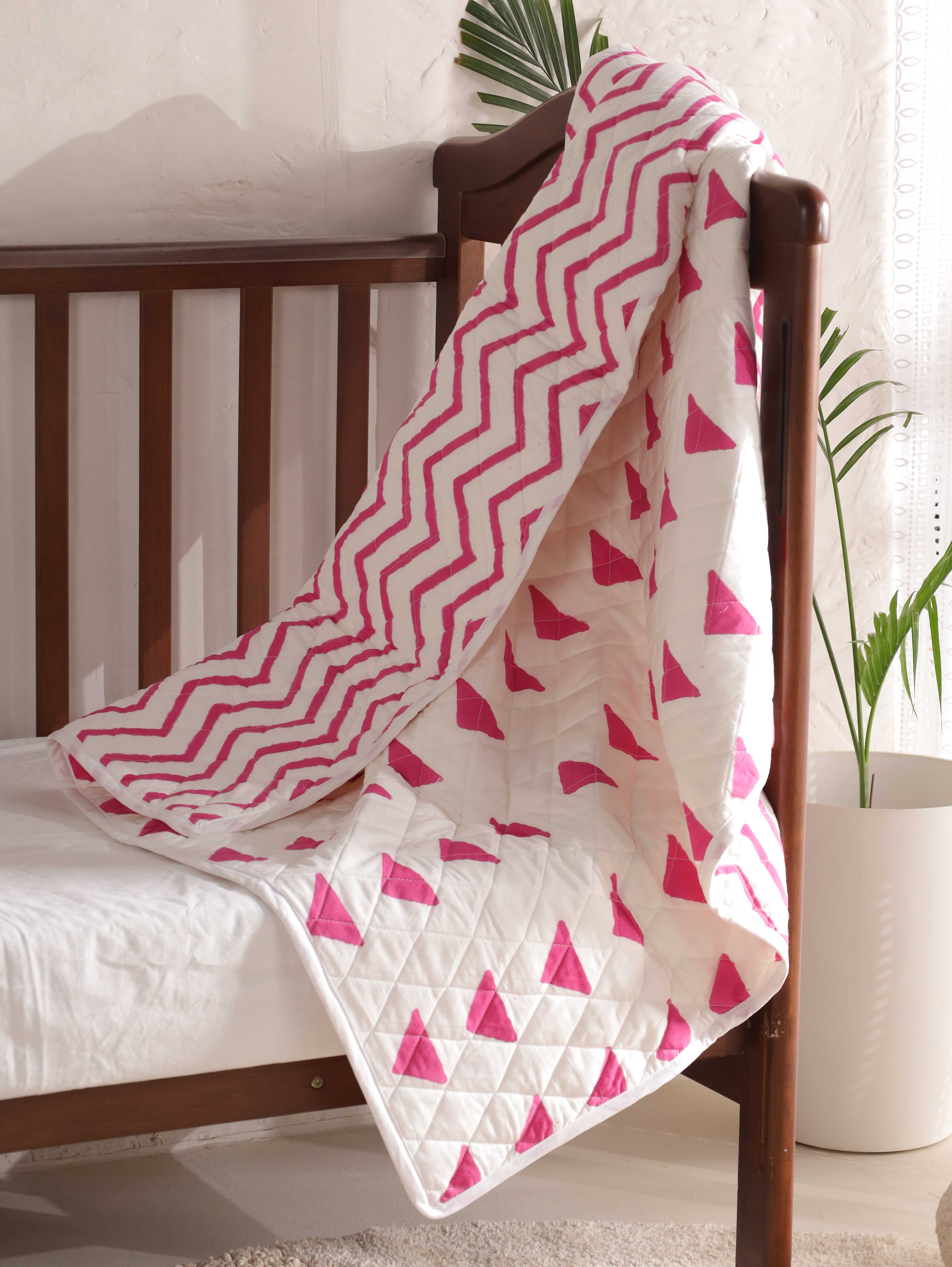 Reversible Pink Triangle & Chevron Baby Quilt - Soft Crib Blanket