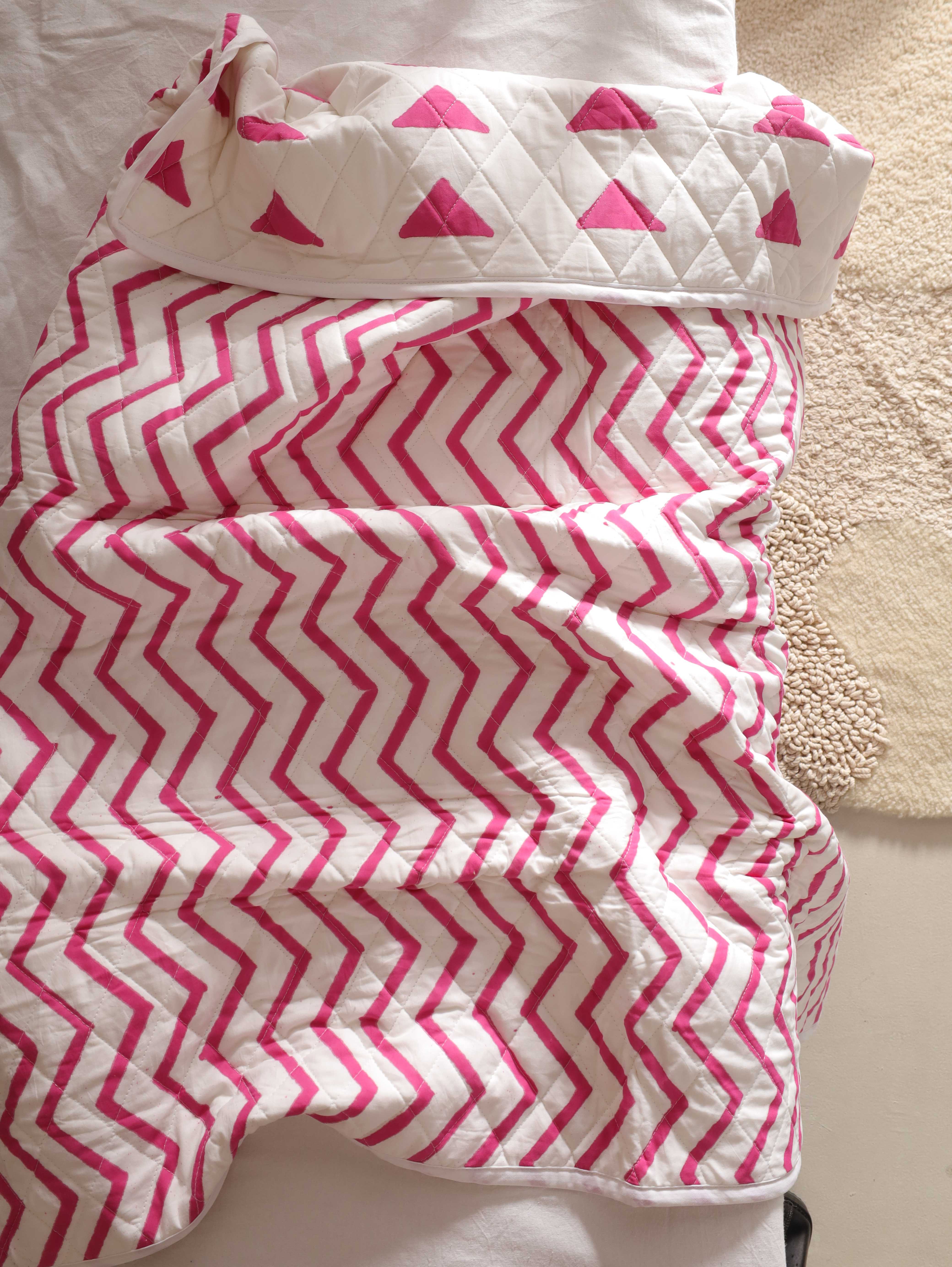 Reversible Pink Triangle & Chevron Baby Quilt - Soft Crib Blanket
