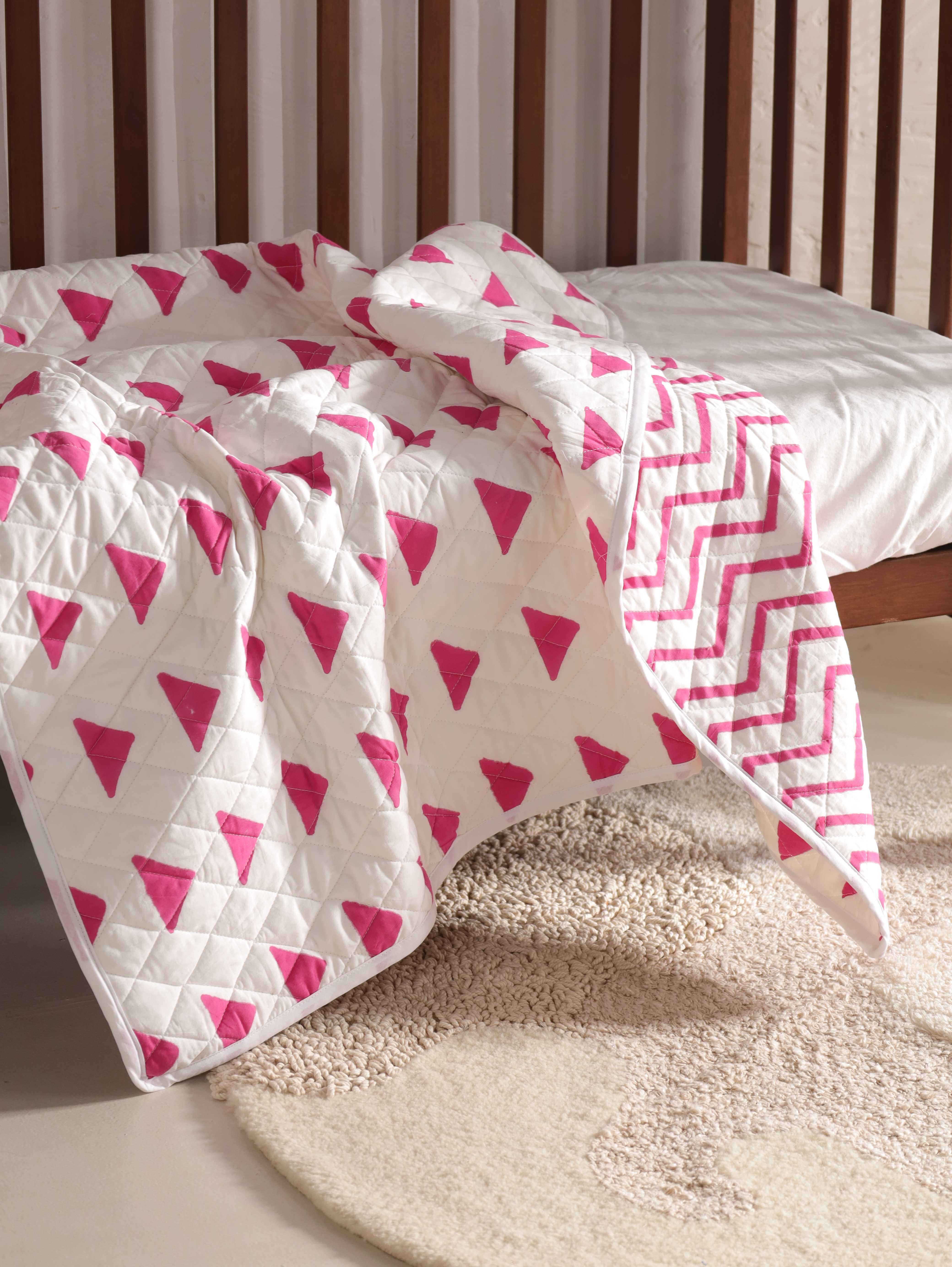 Reversible Pink Triangle & Chevron Baby Quilt - Soft Crib Blanket