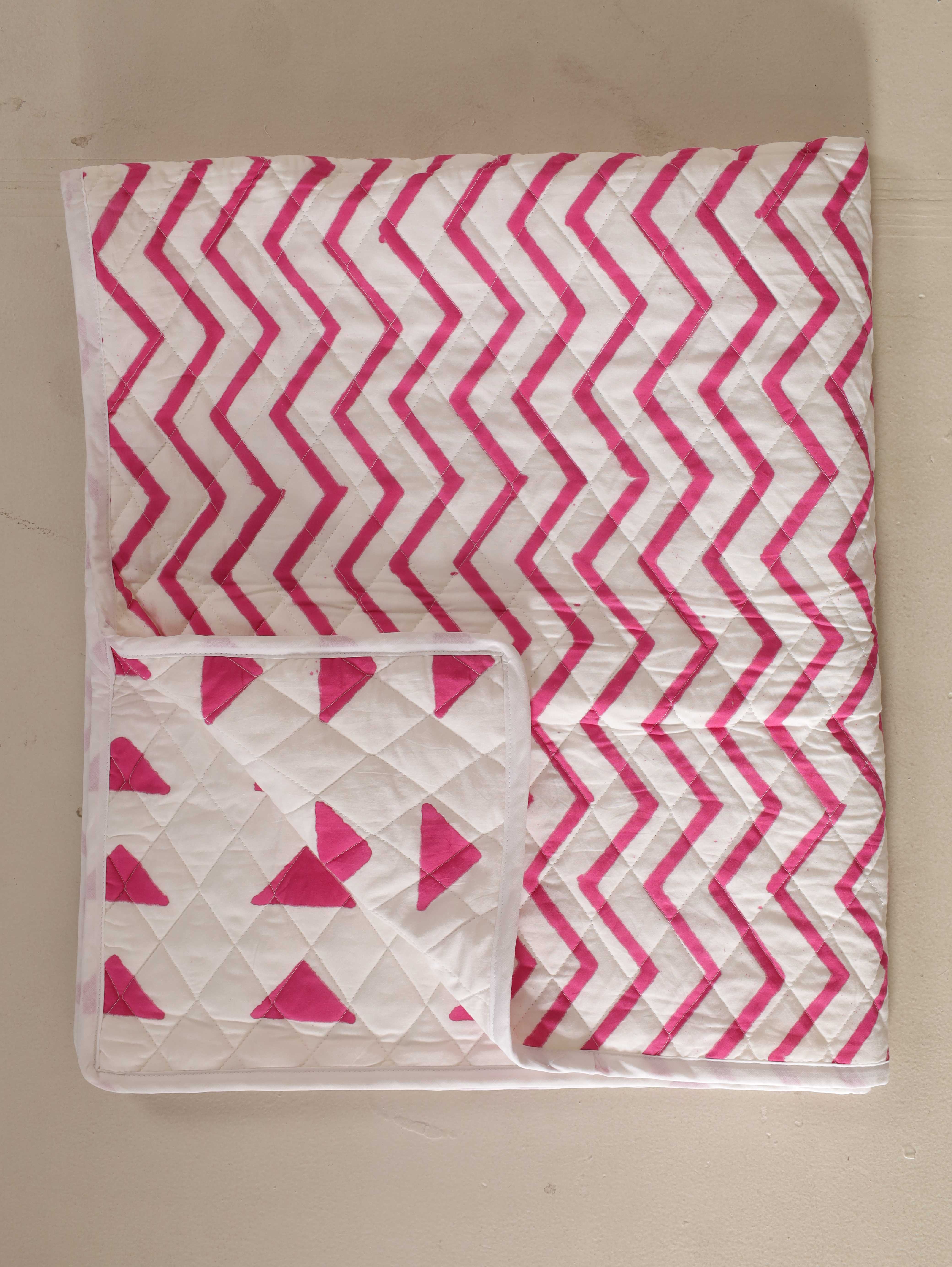 Reversible Pink Triangle & Chevron Baby Quilt - Soft Crib Blanket
