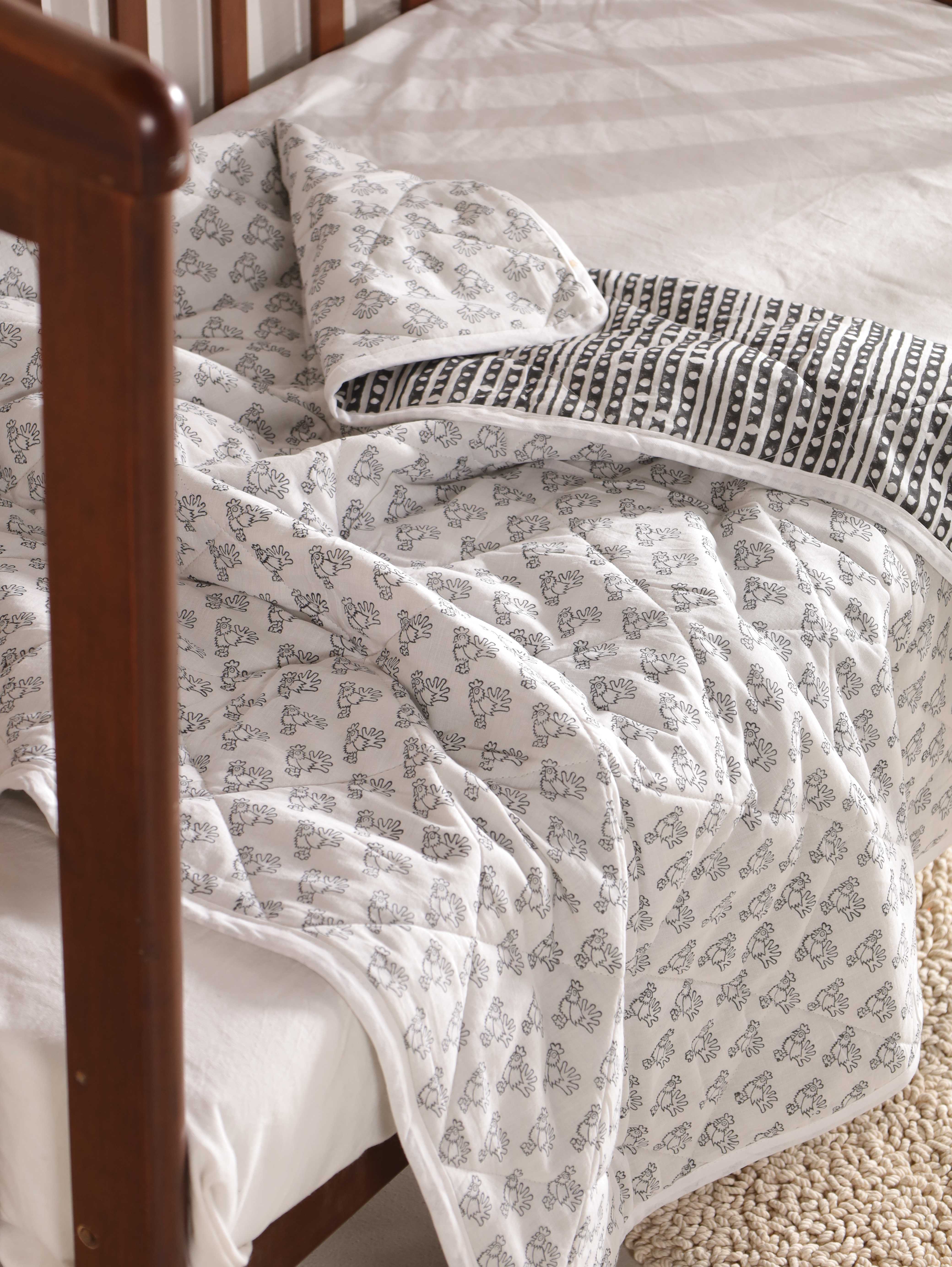 Reversible Charcoal Stripe & Animal Print Baby Quilt - Soft Crib Blanket
