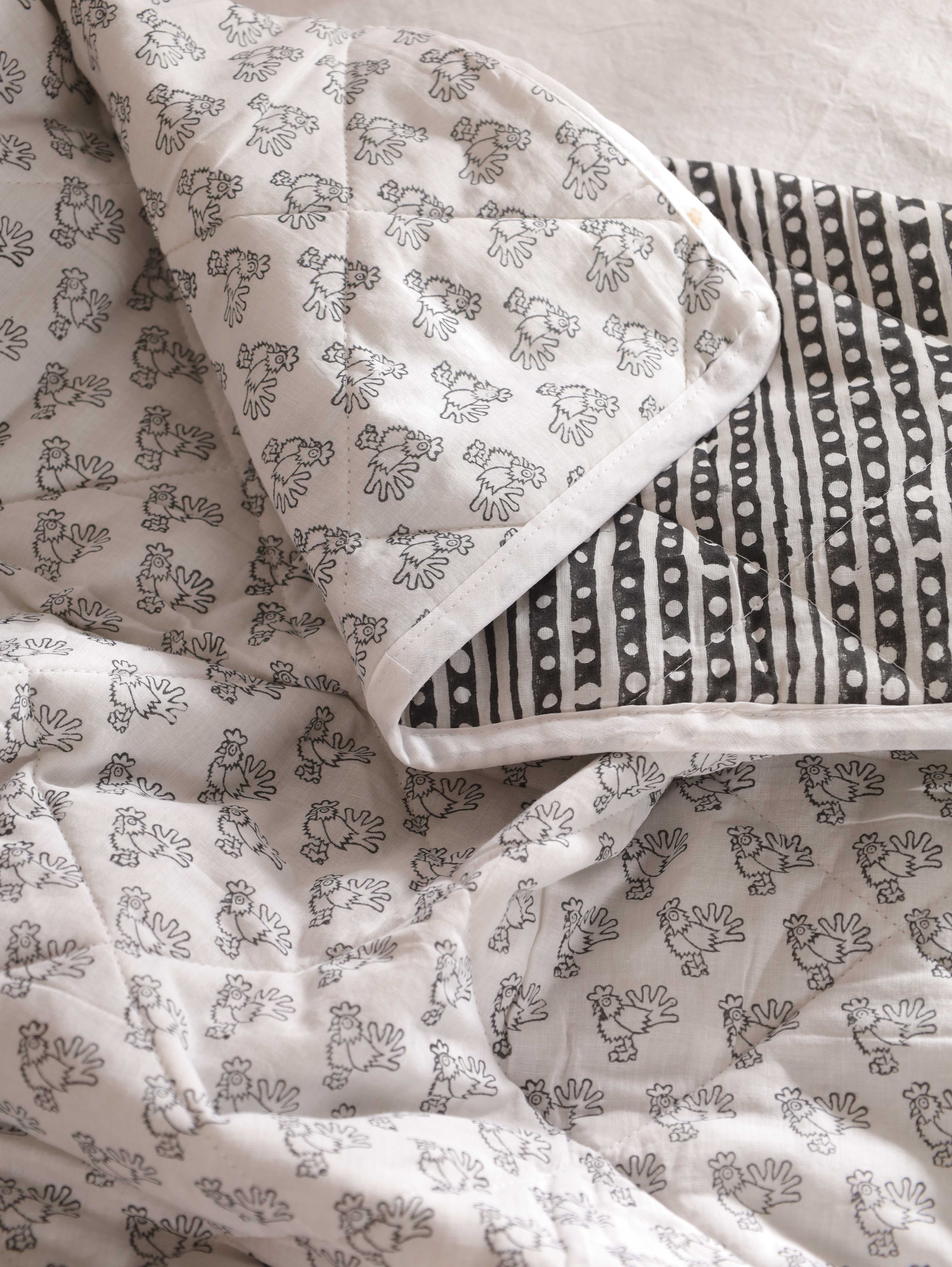 Reversible Charcoal Stripe & Animal Print Baby Quilt - Soft Crib Blanket