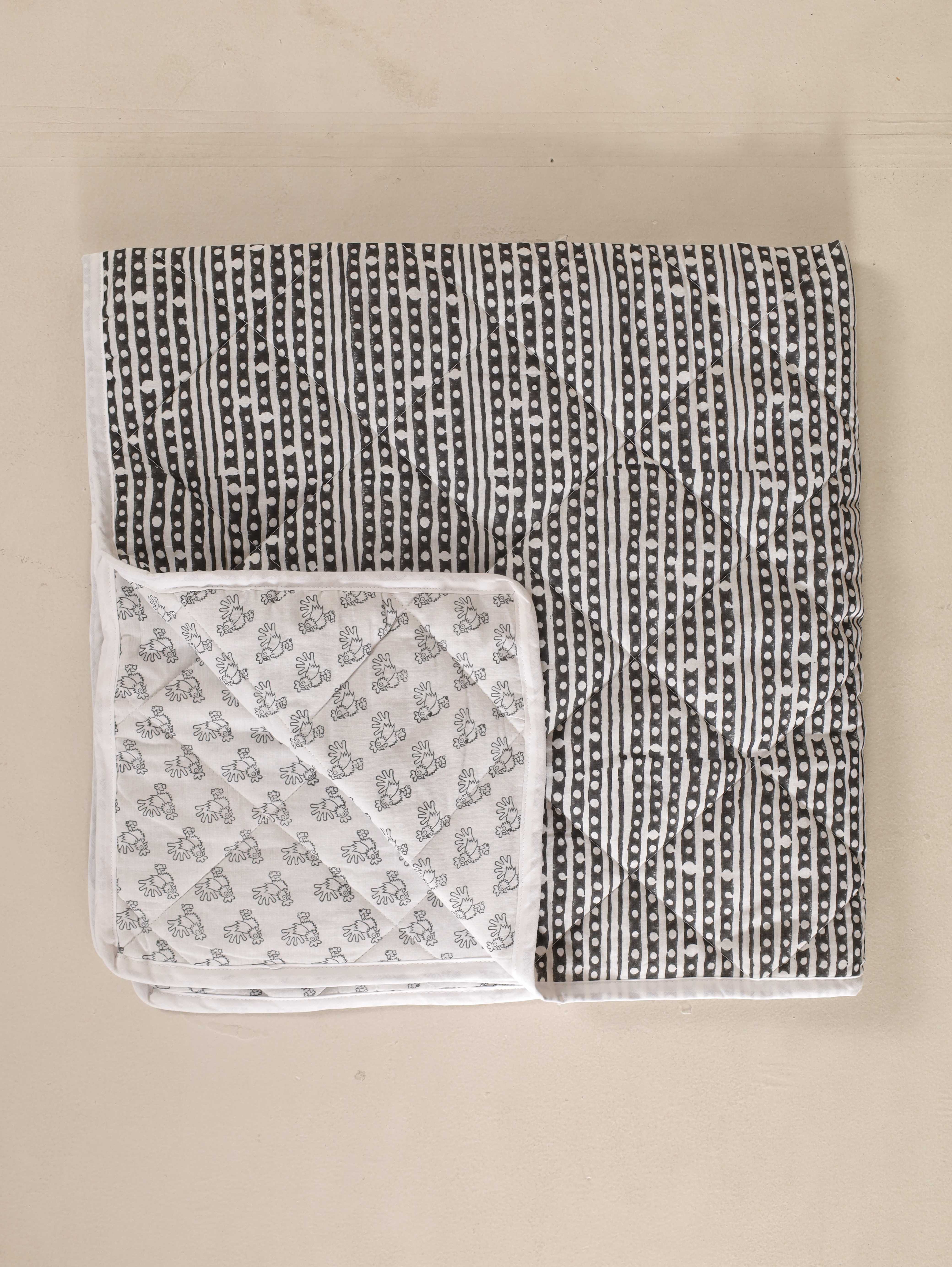 Reversible Charcoal Stripe & Animal Print Baby Quilt - Soft Crib Blanket