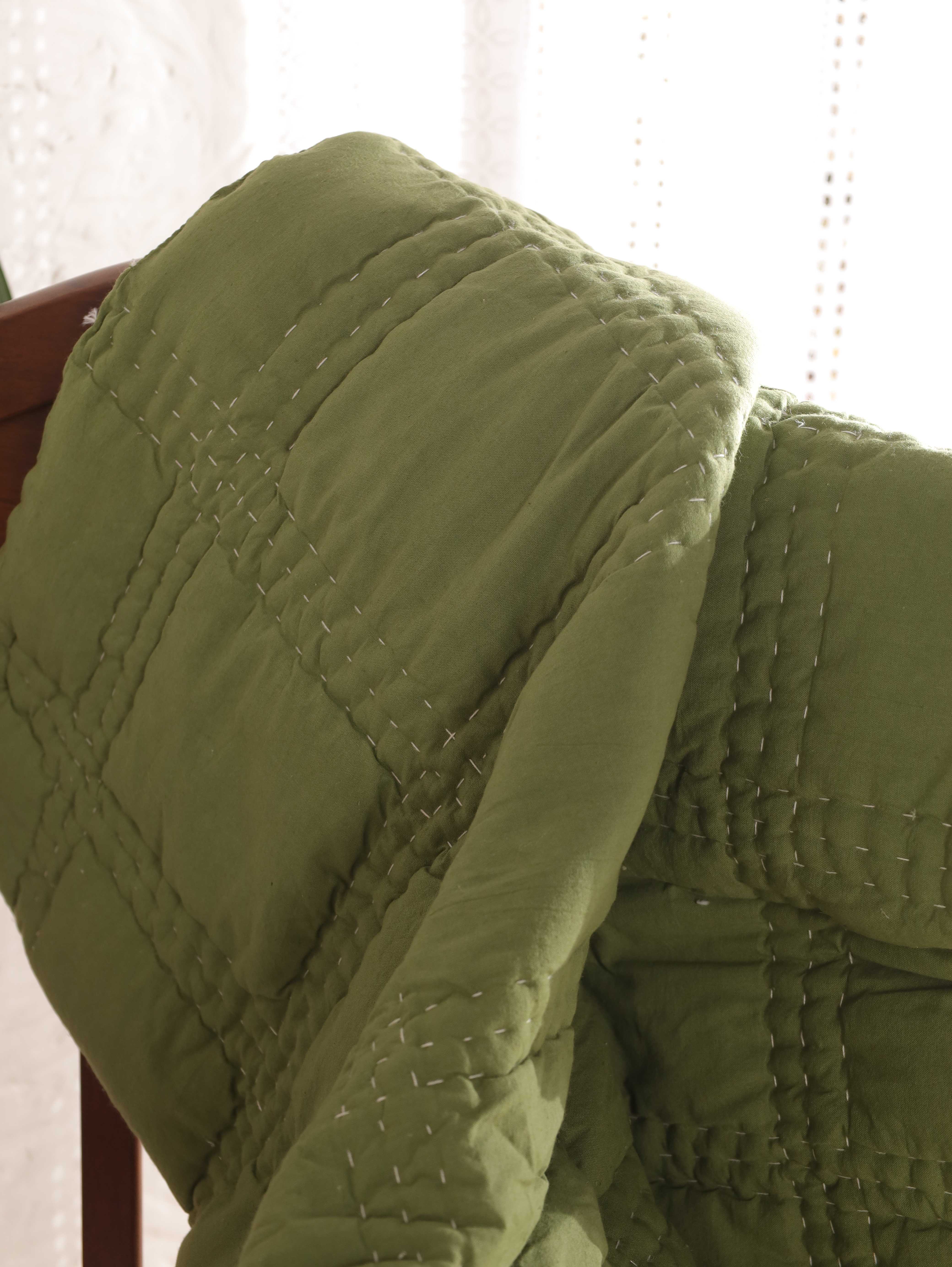 Olive Green Hand-Stitched Baby Quilt - Soft Cotton Kantha Toddler Blanket