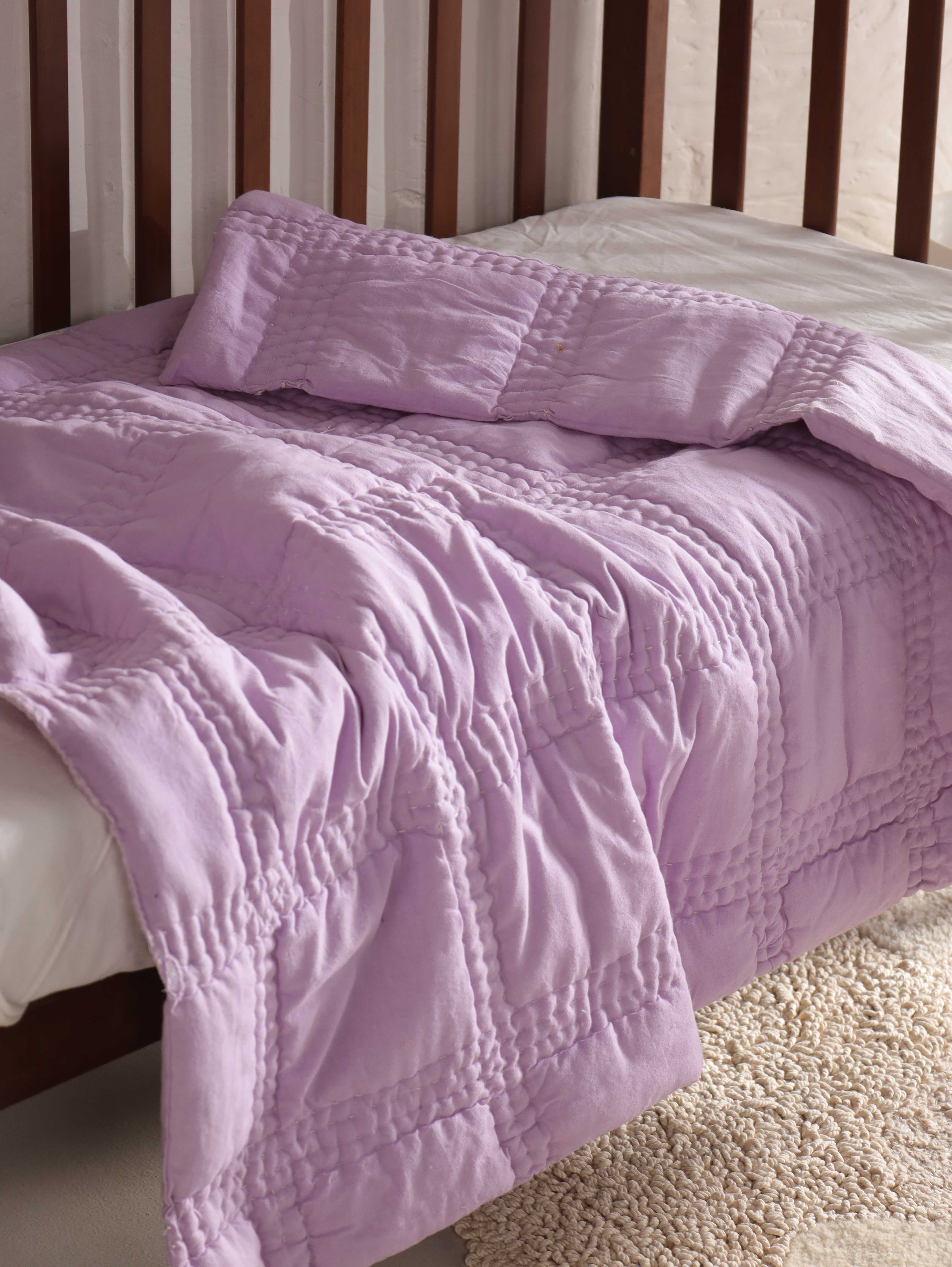 Lilac Purple Hand-Stitched Baby Quilt - Soft Cotton Kantha Toddler Blanket