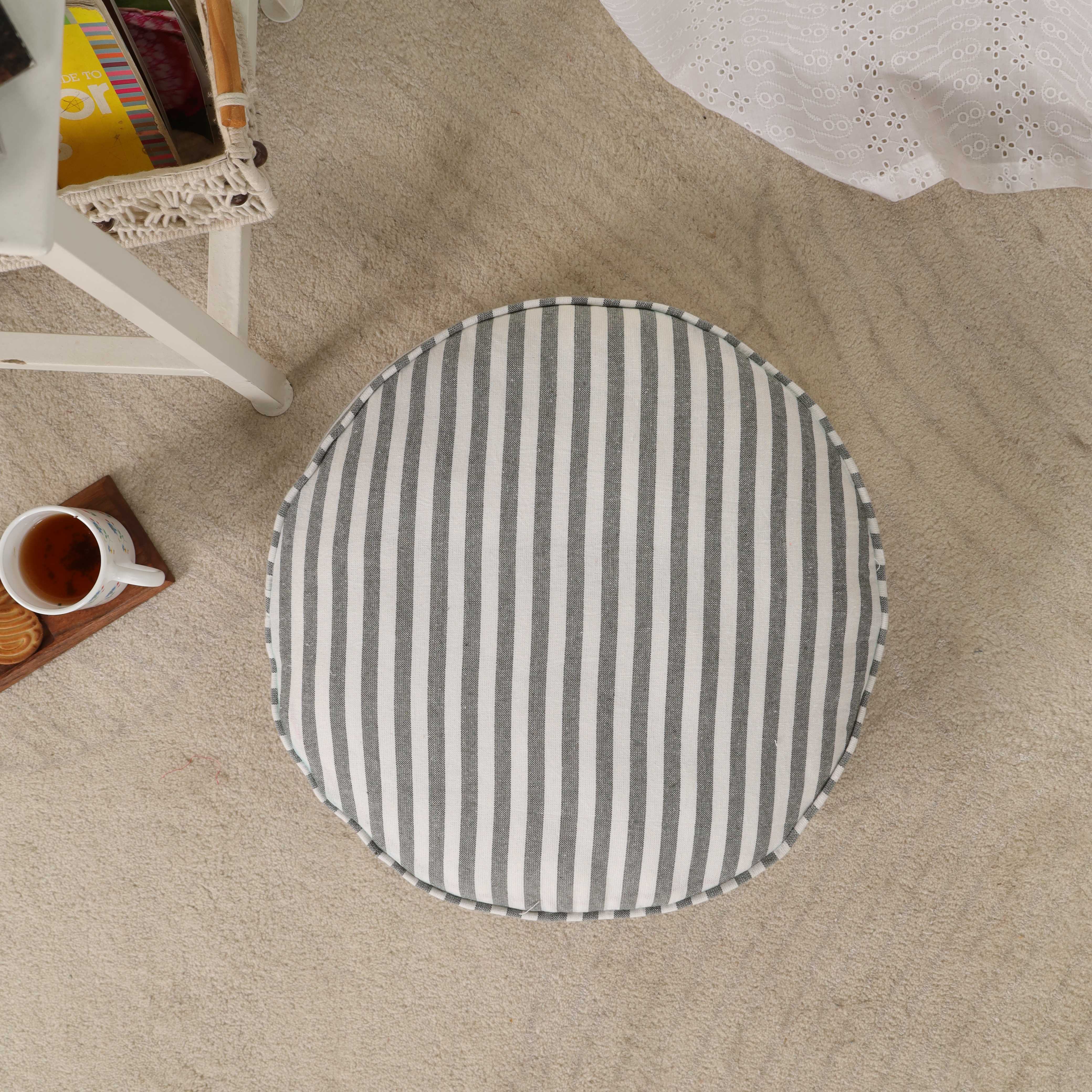 Cloud-Walk Round Ticking Stripe Floor Cushion – Premium Boho Meditation & Seating Pillow