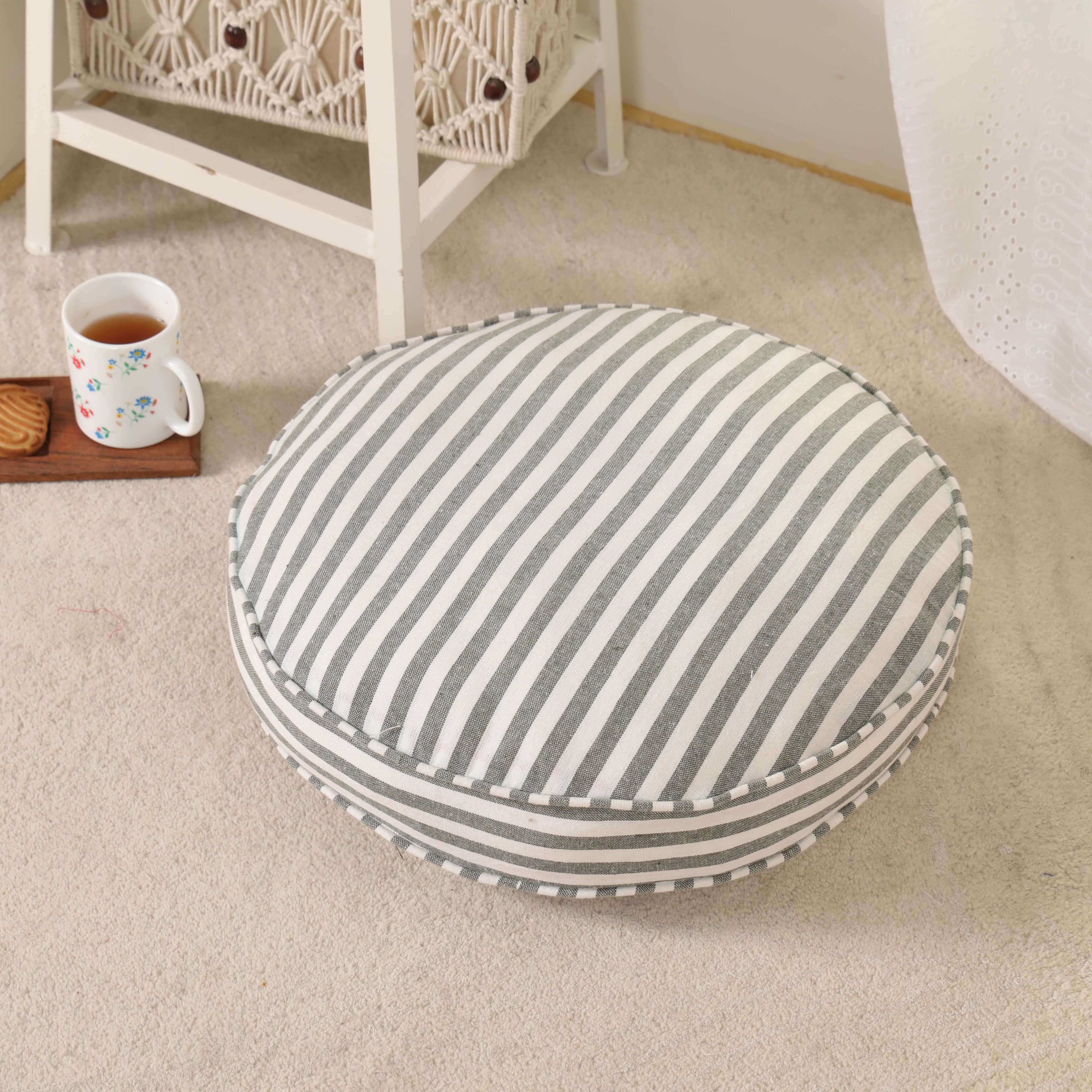 Cloud-Walk Round Ticking Stripe Floor Cushion – Premium Boho Meditation & Seating Pillow