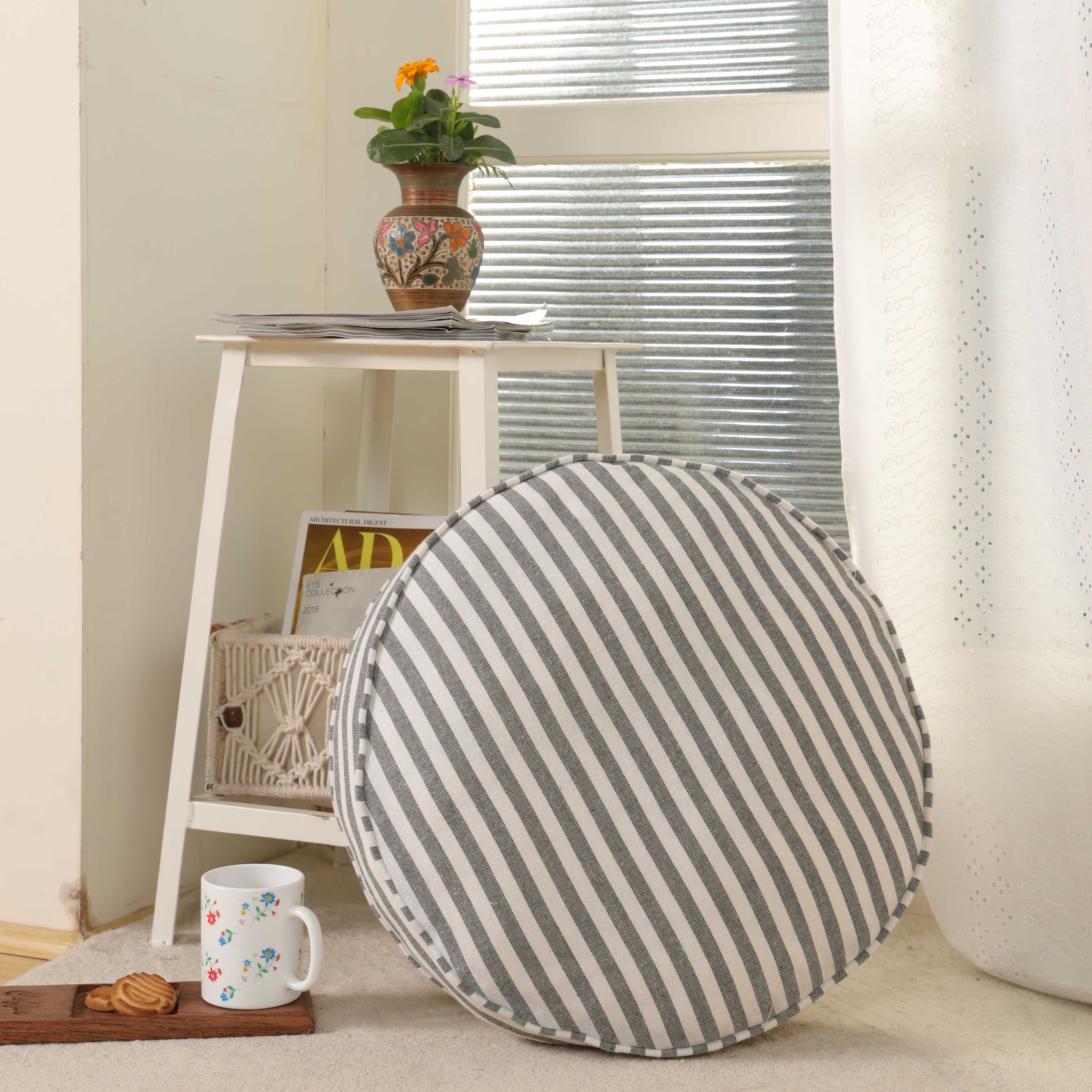 Cloud-Walk Round Ticking Stripe Floor Cushion – Premium Boho Meditation & Seating Pillow