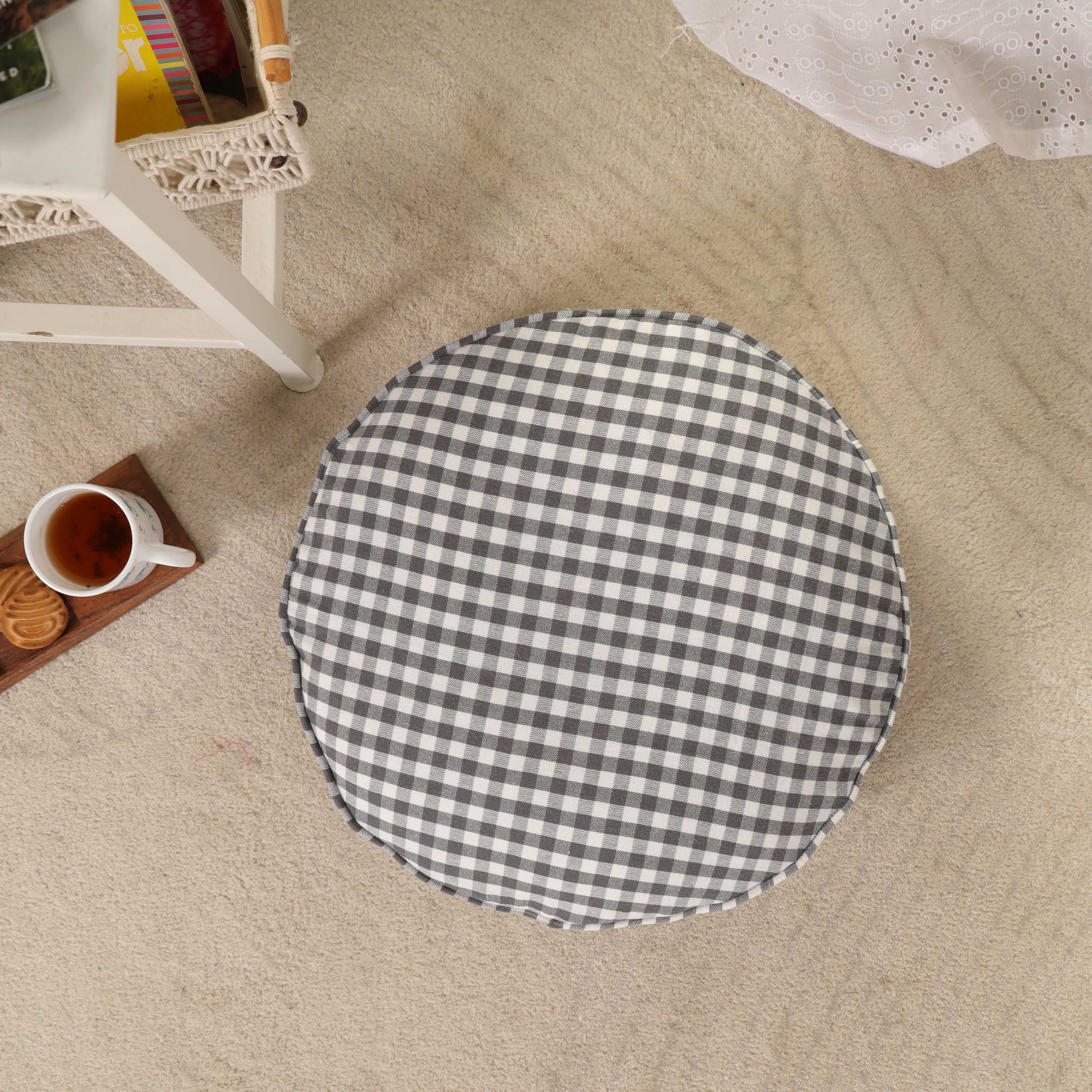 Heritage Charcoal Gingham Round Floor Cushion – Premium Boho Seating & Meditation Pillow
