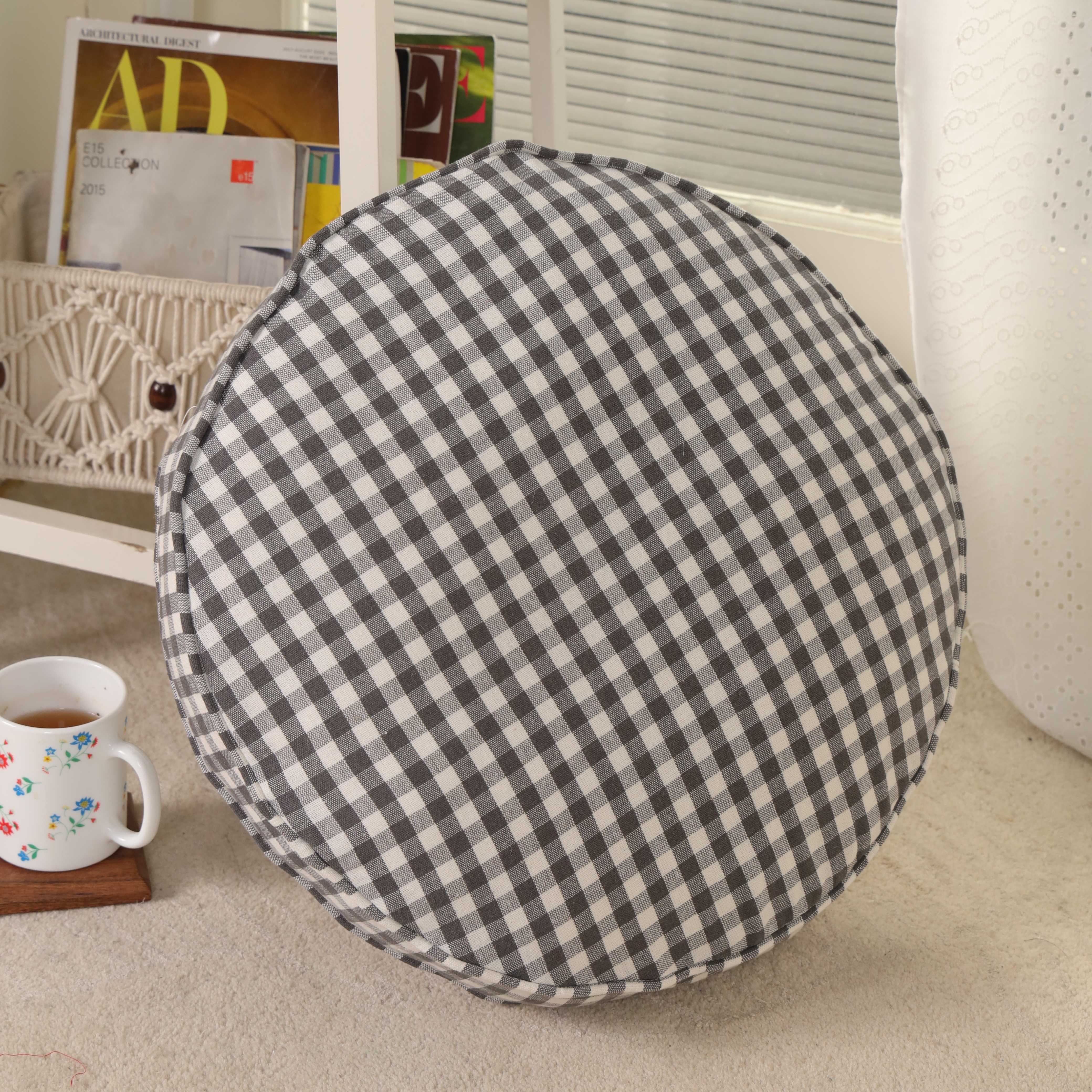 Heritage Charcoal Gingham Round Floor Cushion – Premium Boho Seating & Meditation Pillow