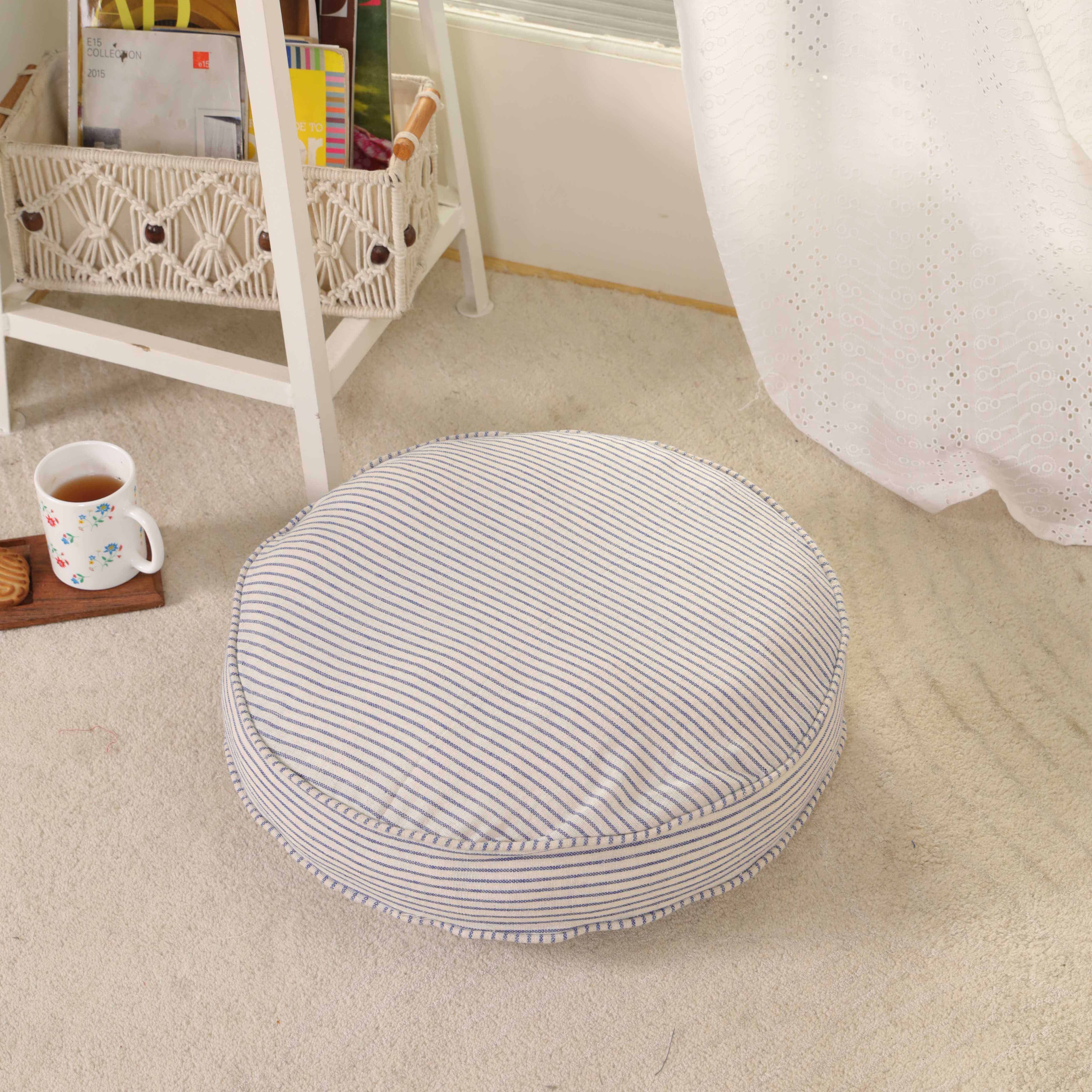 Nautical Sky Round Ticking Stripe Floor Cushion – Premium Boho Meditation & Seating Pillow