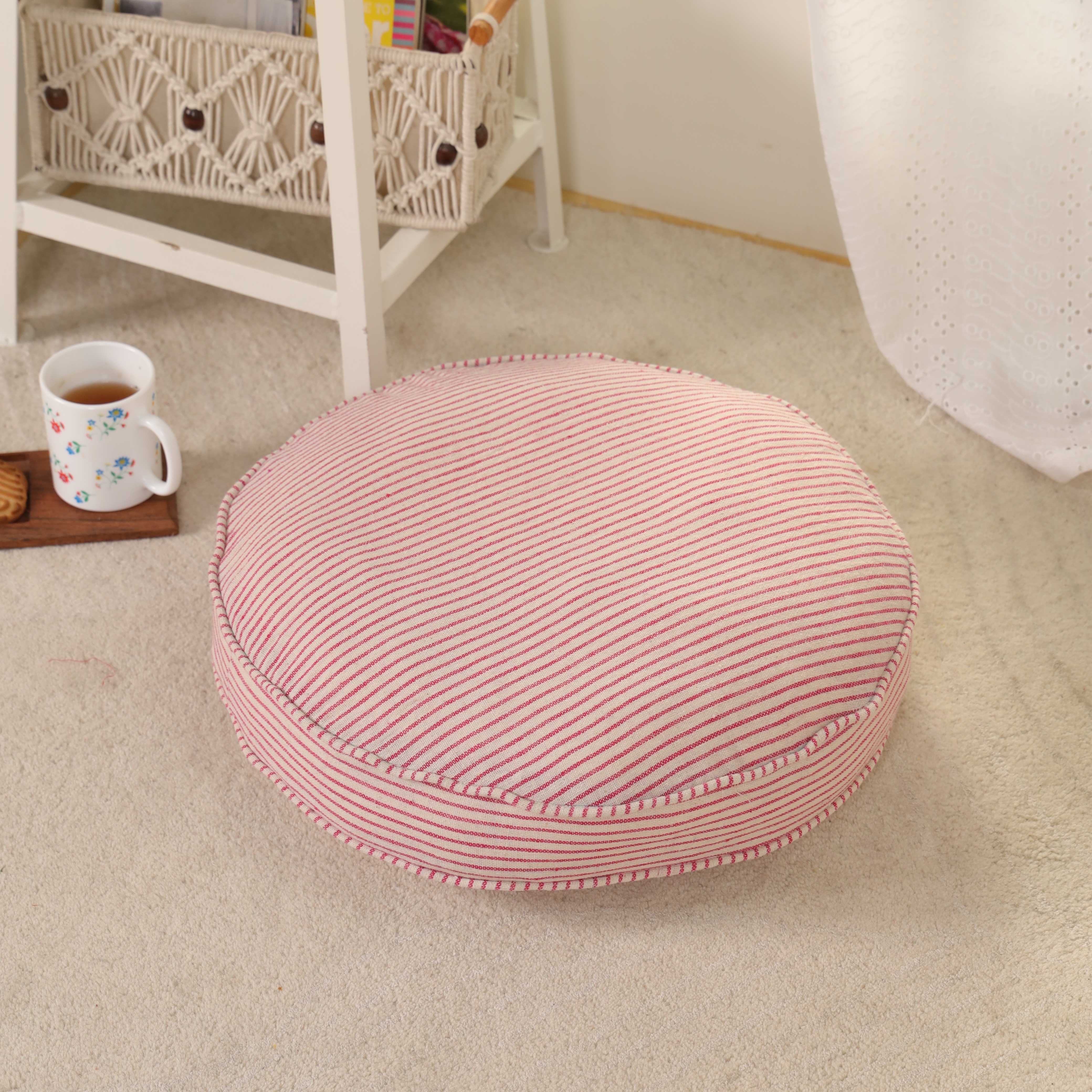 Blush Bloom Round Ticking Stripe Floor Cushion – Premium Boho Meditation & Seating Pillow