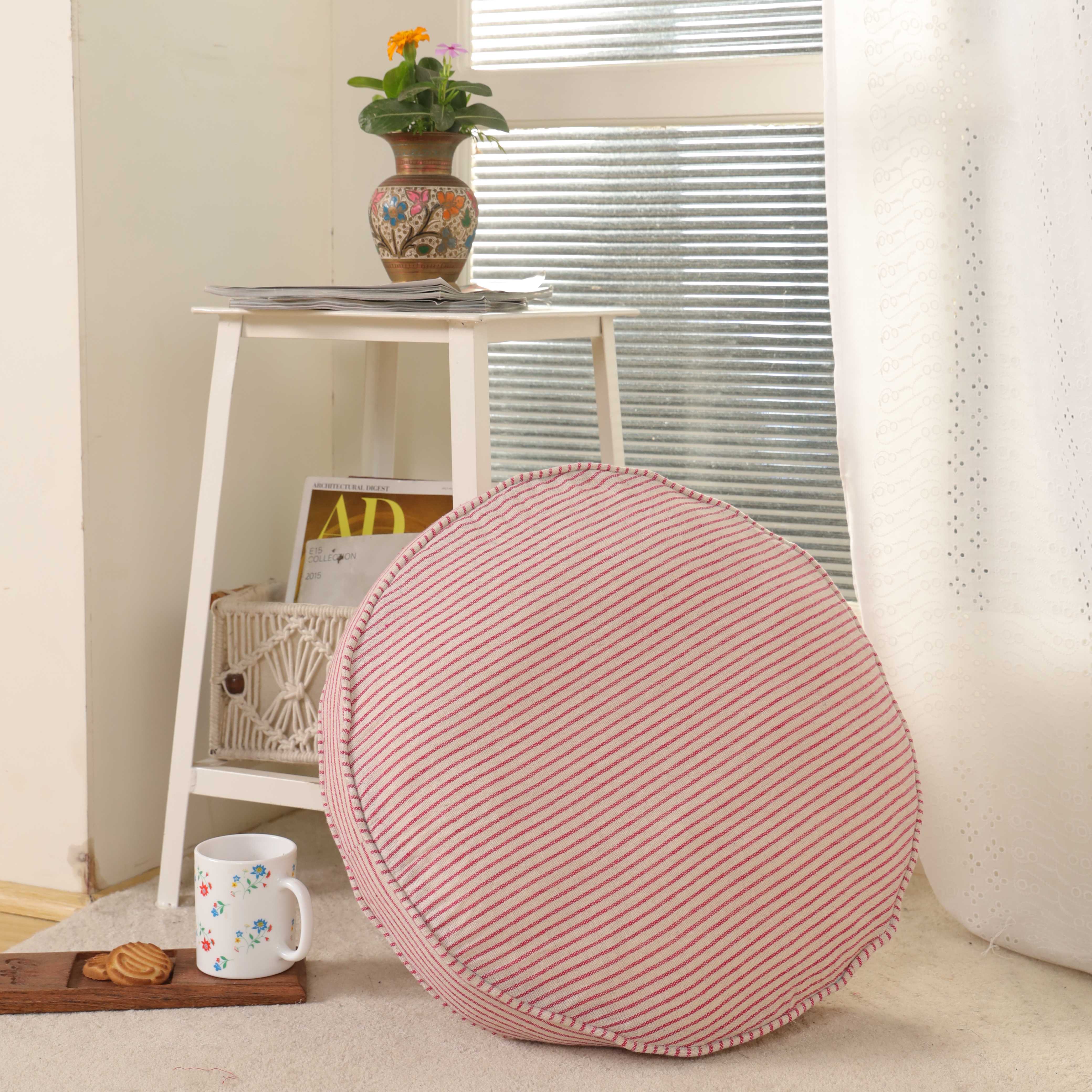 Blush Bloom Round Ticking Stripe Floor Cushion – Premium Boho Meditation & Seating Pillow