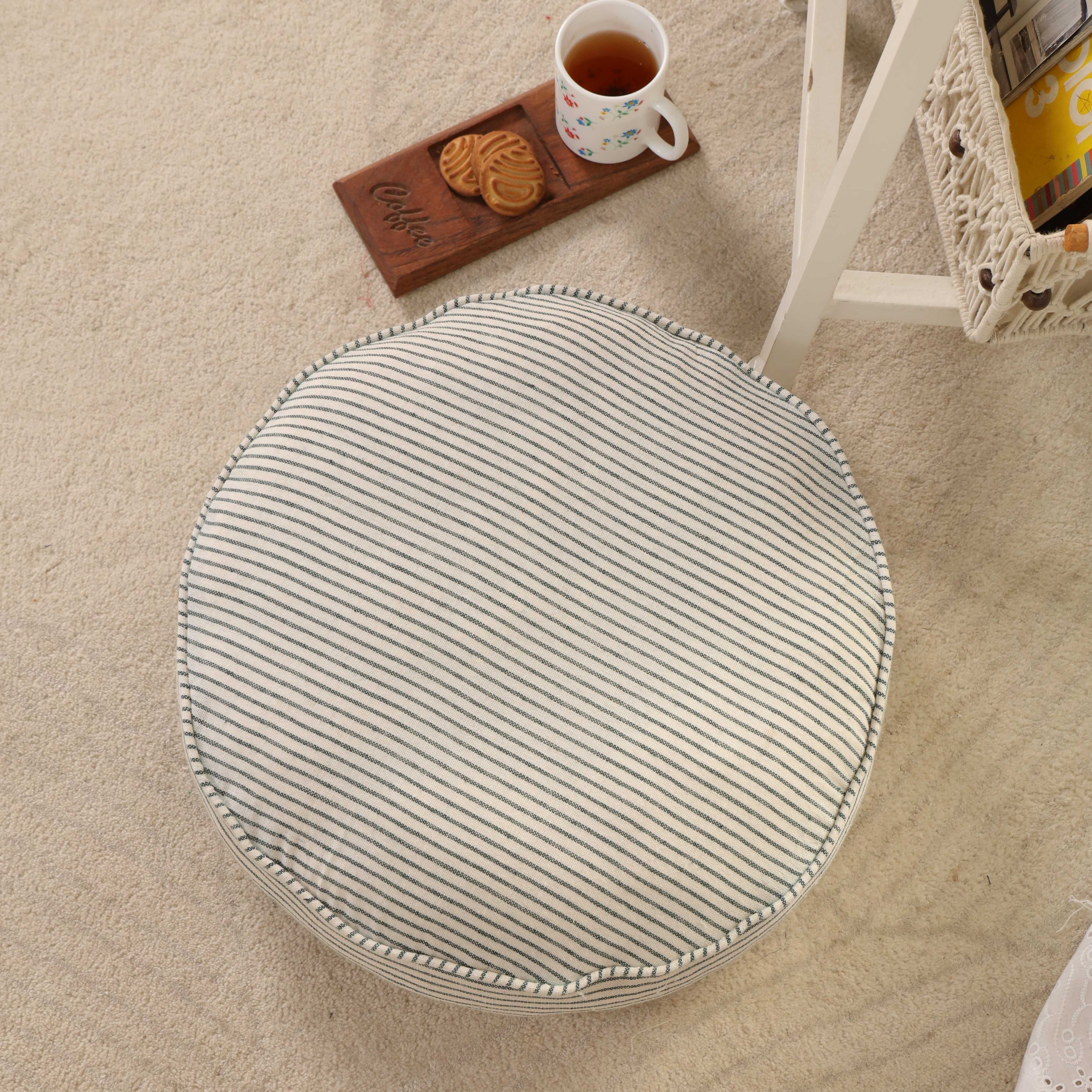 Serene Moss Round Ticking Stripe Floor Cushion – Premium Cotton Seating & Meditation Pillow