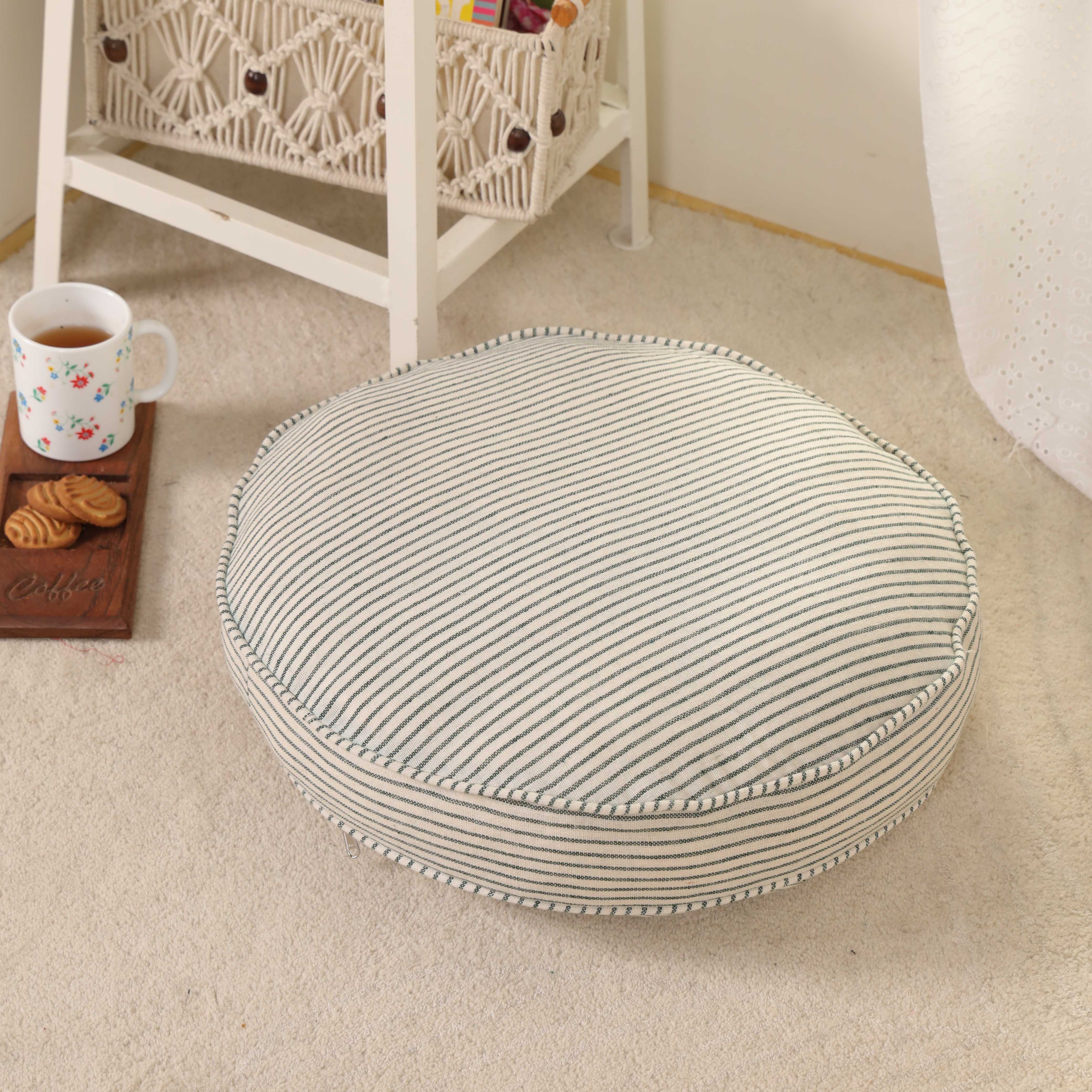 Serene Moss Round Ticking Stripe Floor Cushion – Premium Cotton Seating & Meditation Pillow