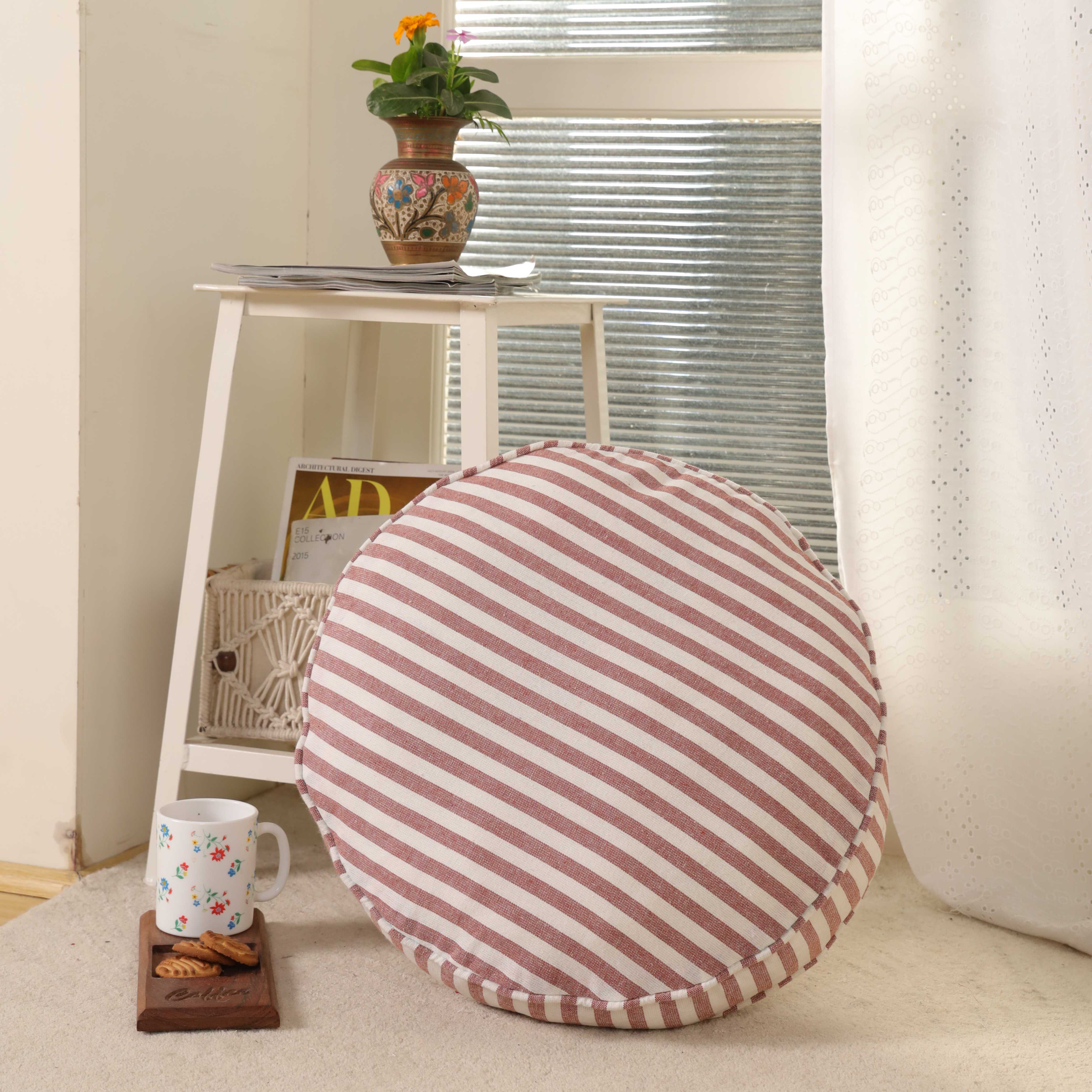 Adobe Sun Round Ticking Stripe Floor Cushion – Premium Cotton Seating & Meditation Pillow