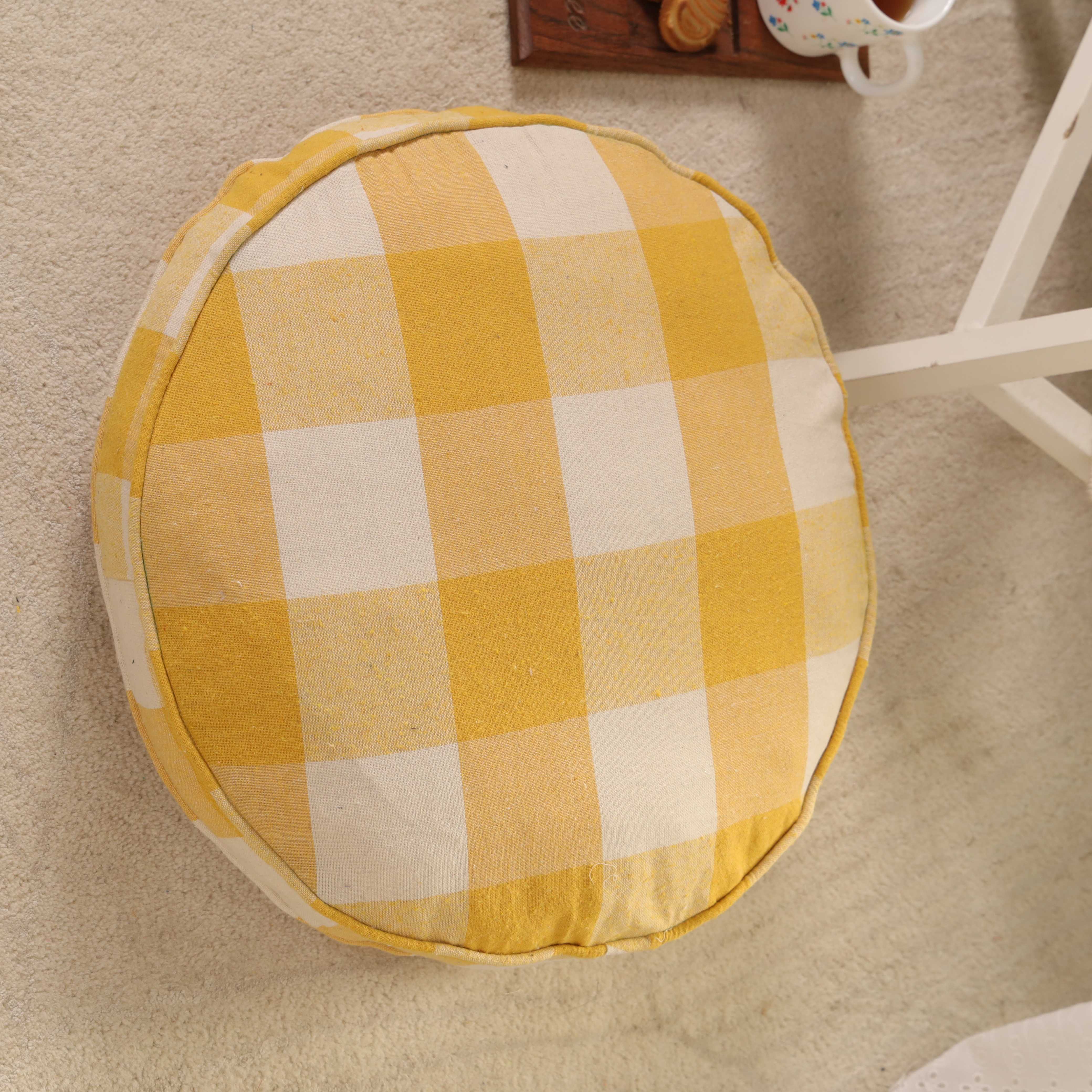 Golden Harvest Check Round Floor Cushion – Premium Cotton Seating & Yoga Pillow