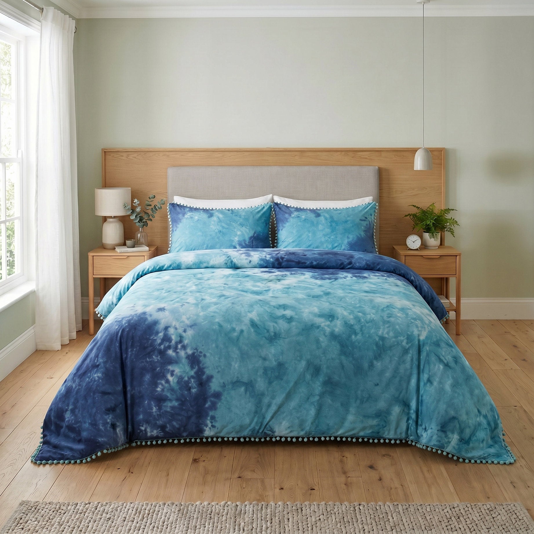 Aqua Teal Tie Dye Bedding Set - Coastal Cotton Duvet with Pom Poms