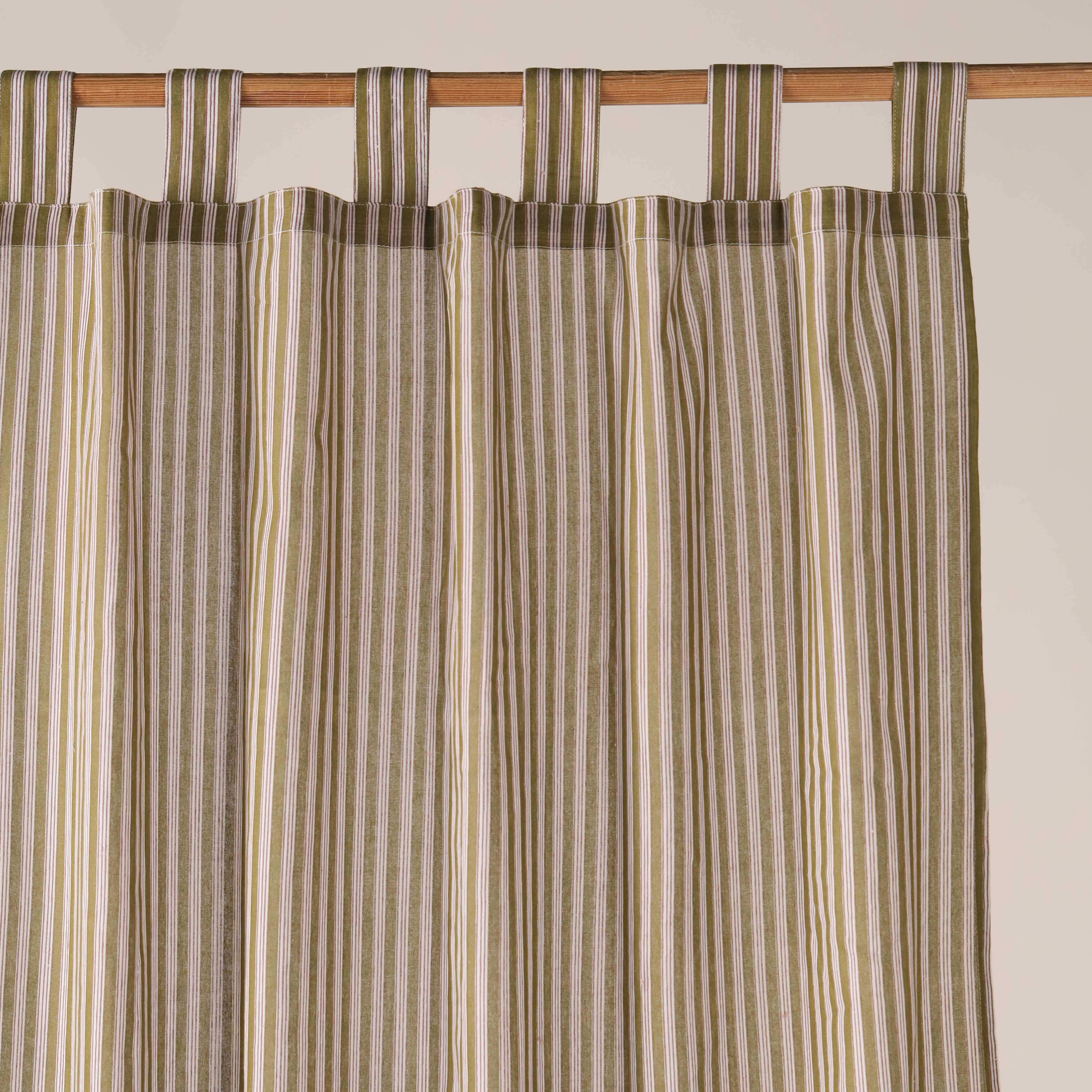 Premium 100% Cotton Striped Window Curtain Panel - Modern Sage Green Vertical Stripe Tab Top Drapery for Living Room (Single Panel)