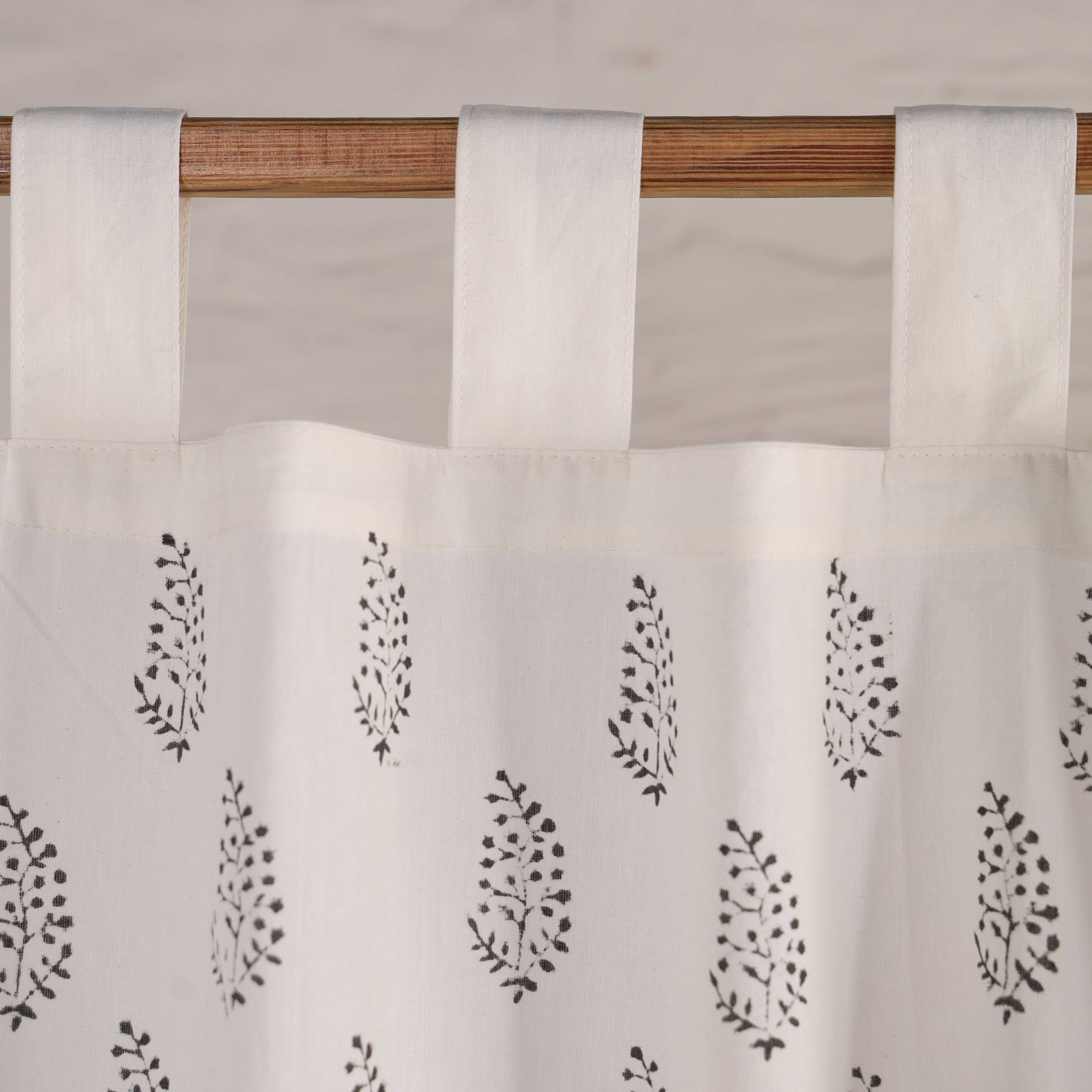 Artisanal Print Cotton Curtain – Single Panel Tab Top (Black Floral)