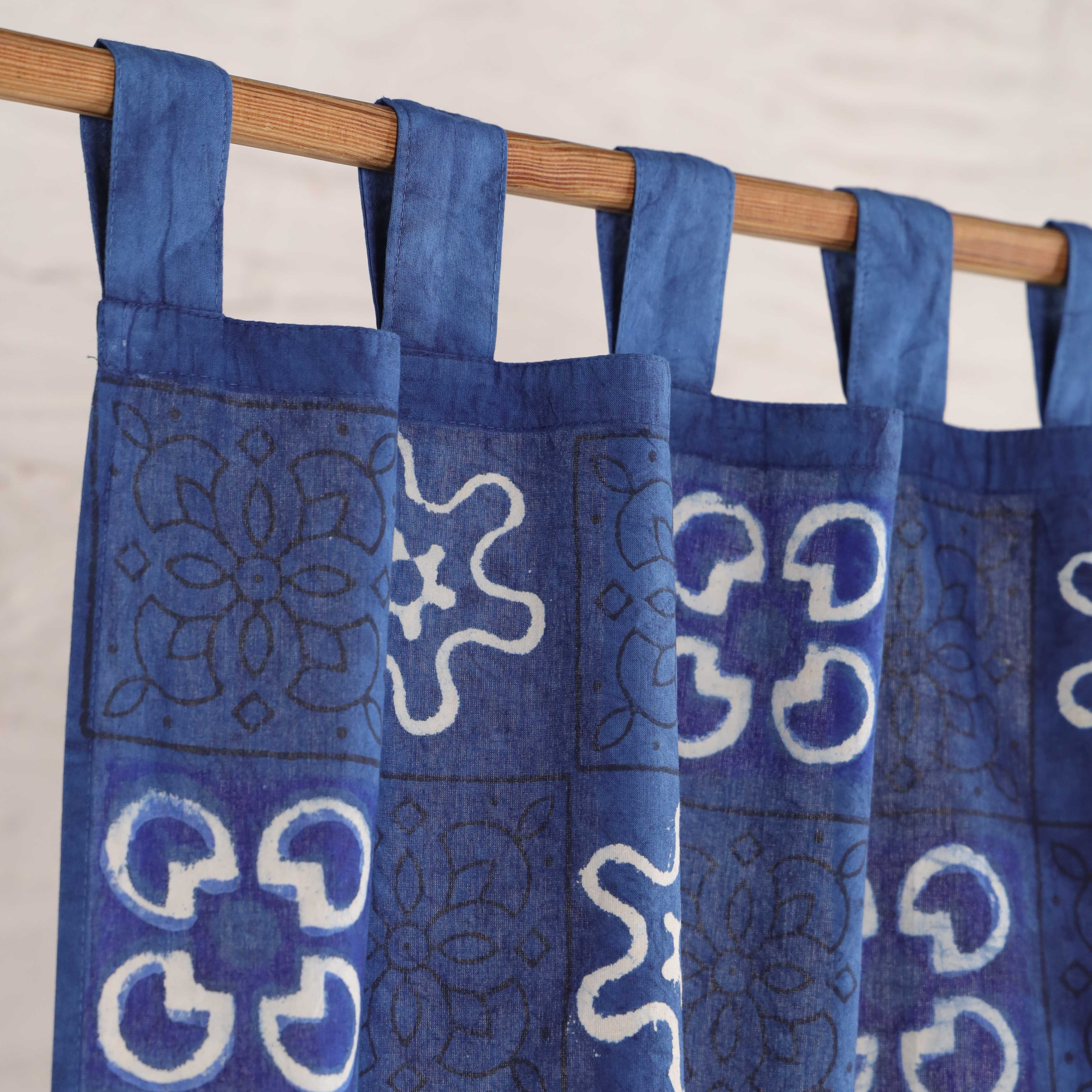 Indigo Blue Geometric Cotton Curtain – Single Panel Tab Top