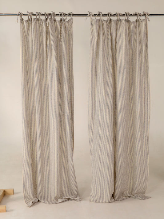 Linen Gauze Grey On Black Stripes Curtains- 2 Panel set