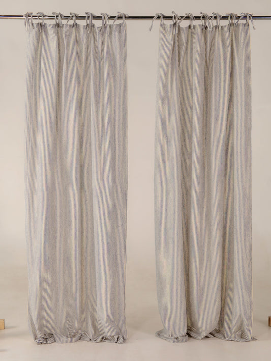 Linen Gauze Grey with Black Stripes Curtains- 2 Panel set