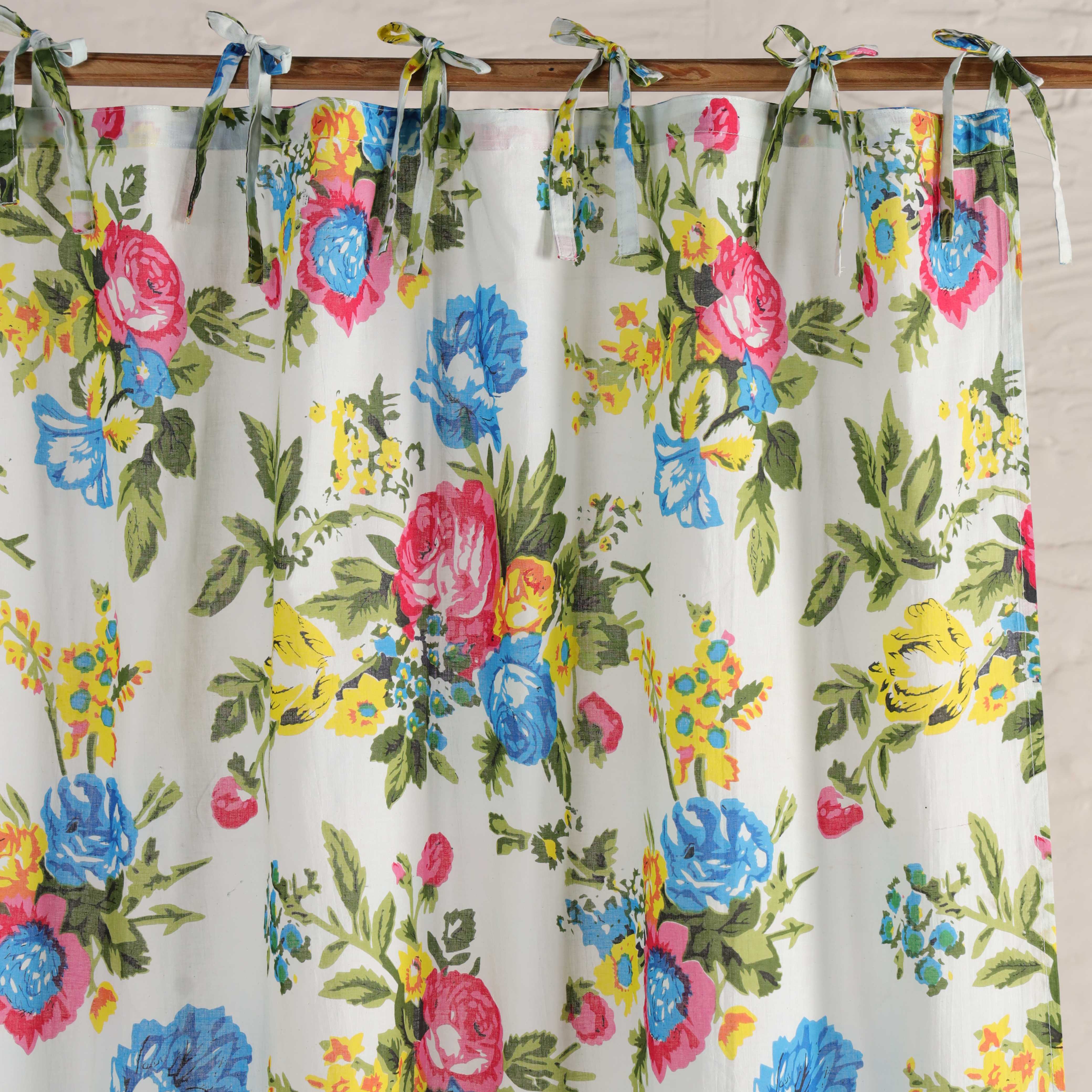English Country Garden Floral Cotton Curtain – Single Panel Tie Top