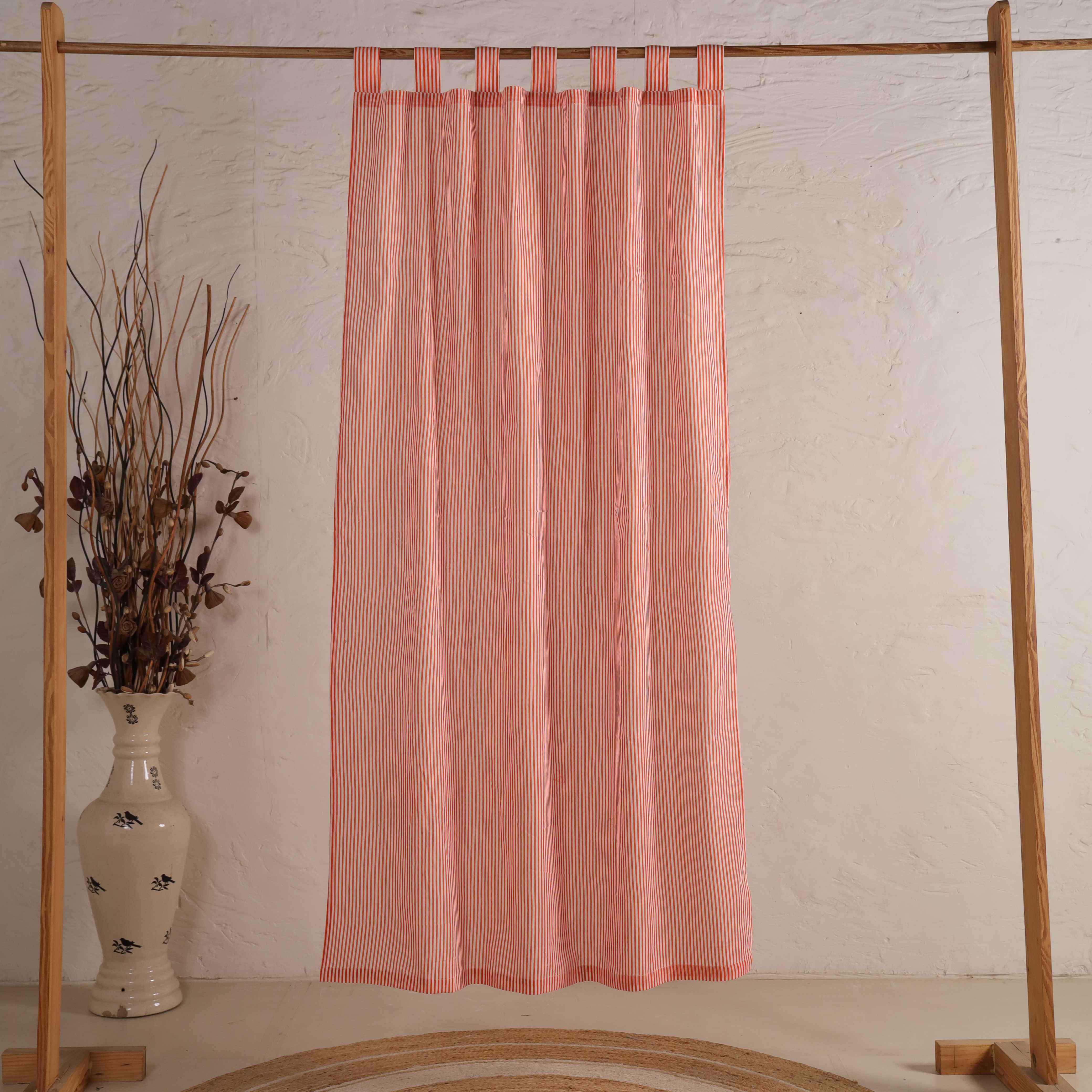 Premium 100% Cotton Coral Peach Striped Curtain - Single Panel - Modern Farmhouse Tab Top Window Treatment for Living Room & Bedroom