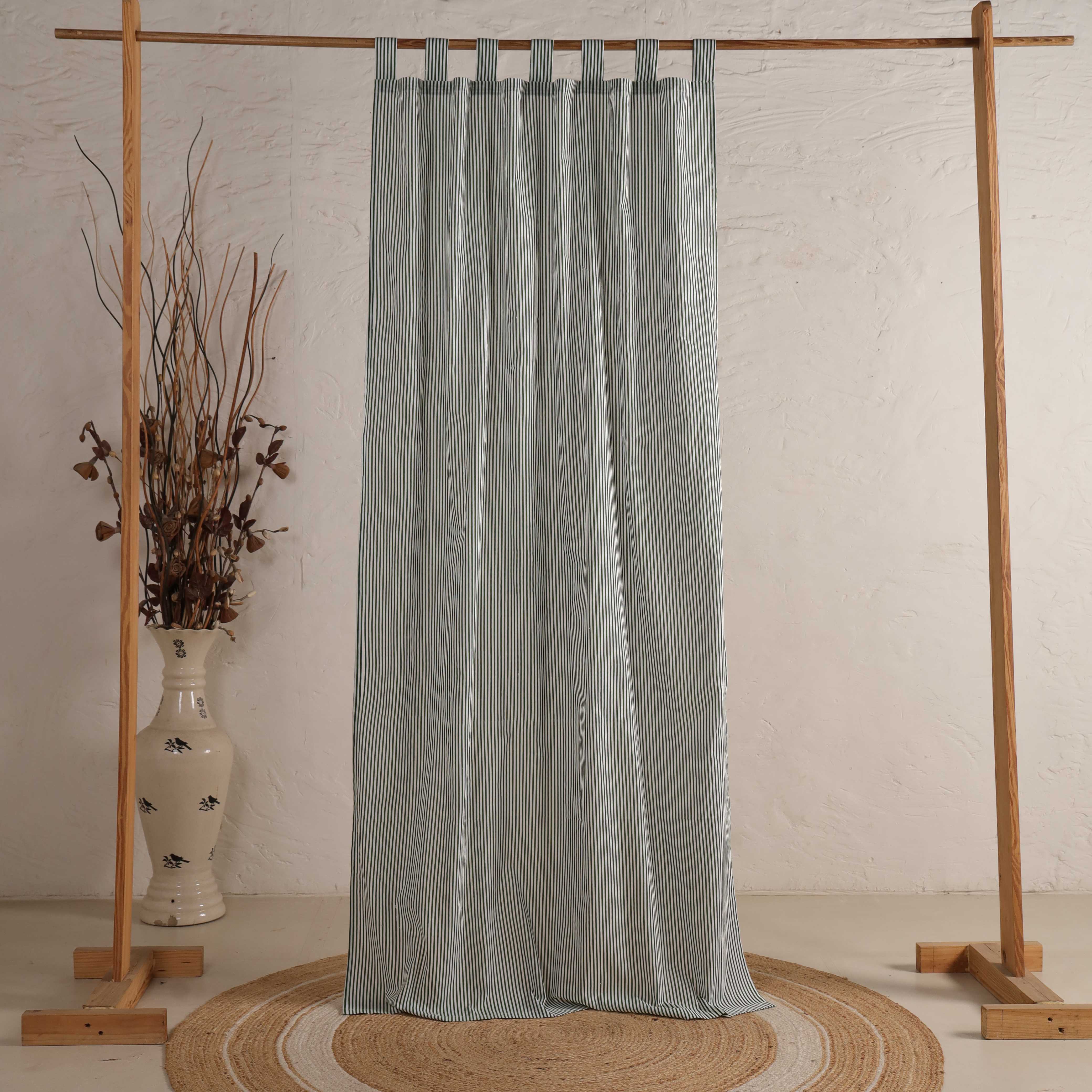 Premium 100% Cotton Sage Green Striped Curtain - Single Panel - Modern Farmhouse Tab Top Window Treatment for Living Room & Bedroom