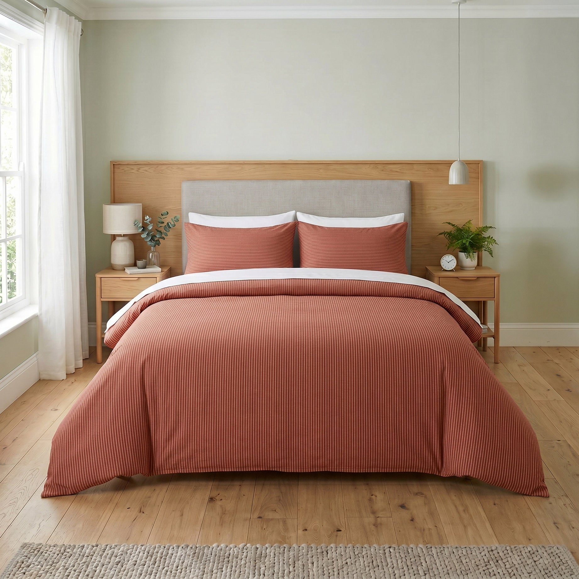 Terracotta Pinstripe Cotton Bedding Set - Rust Boho Duvet Cover