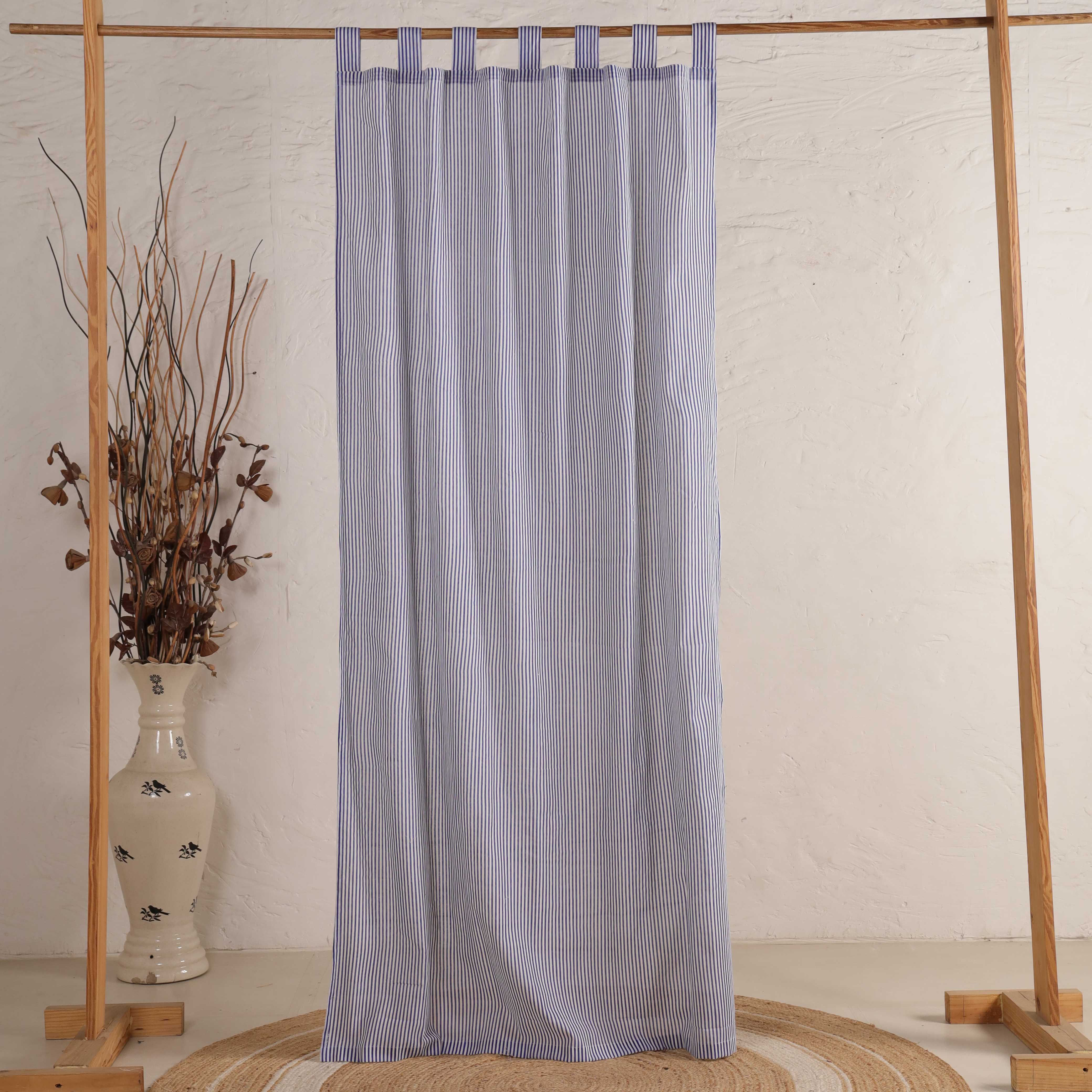 Premium 100% Cotton Navy Blue Striped Curtain - Single Panel - Modern Coastal Tab Top Window Treatment for Living Room & Bedroom