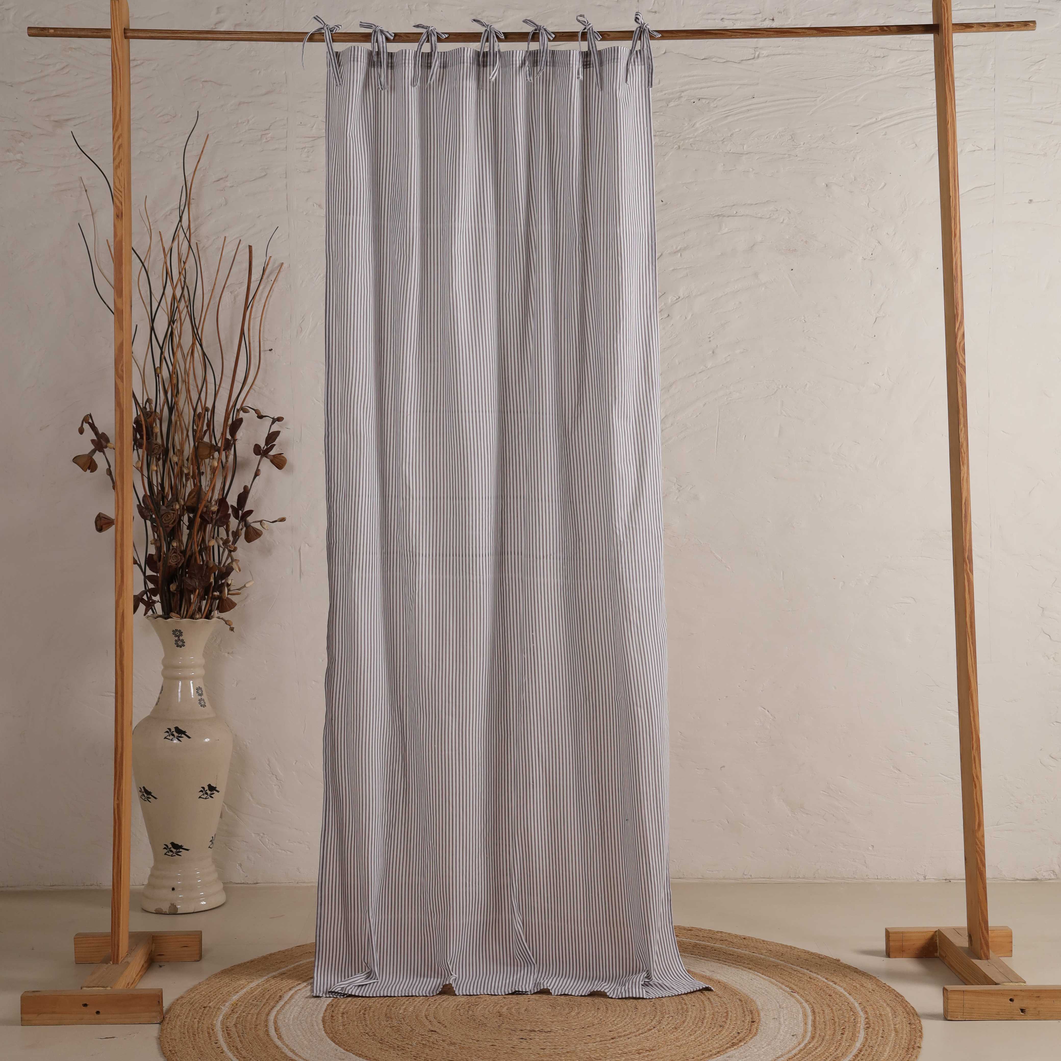 Handcrafted 100% Cotton Striped Curtain - Modern Grey Ticking Stripe Window Treatment with Tie-Top Detail (Single Panel)