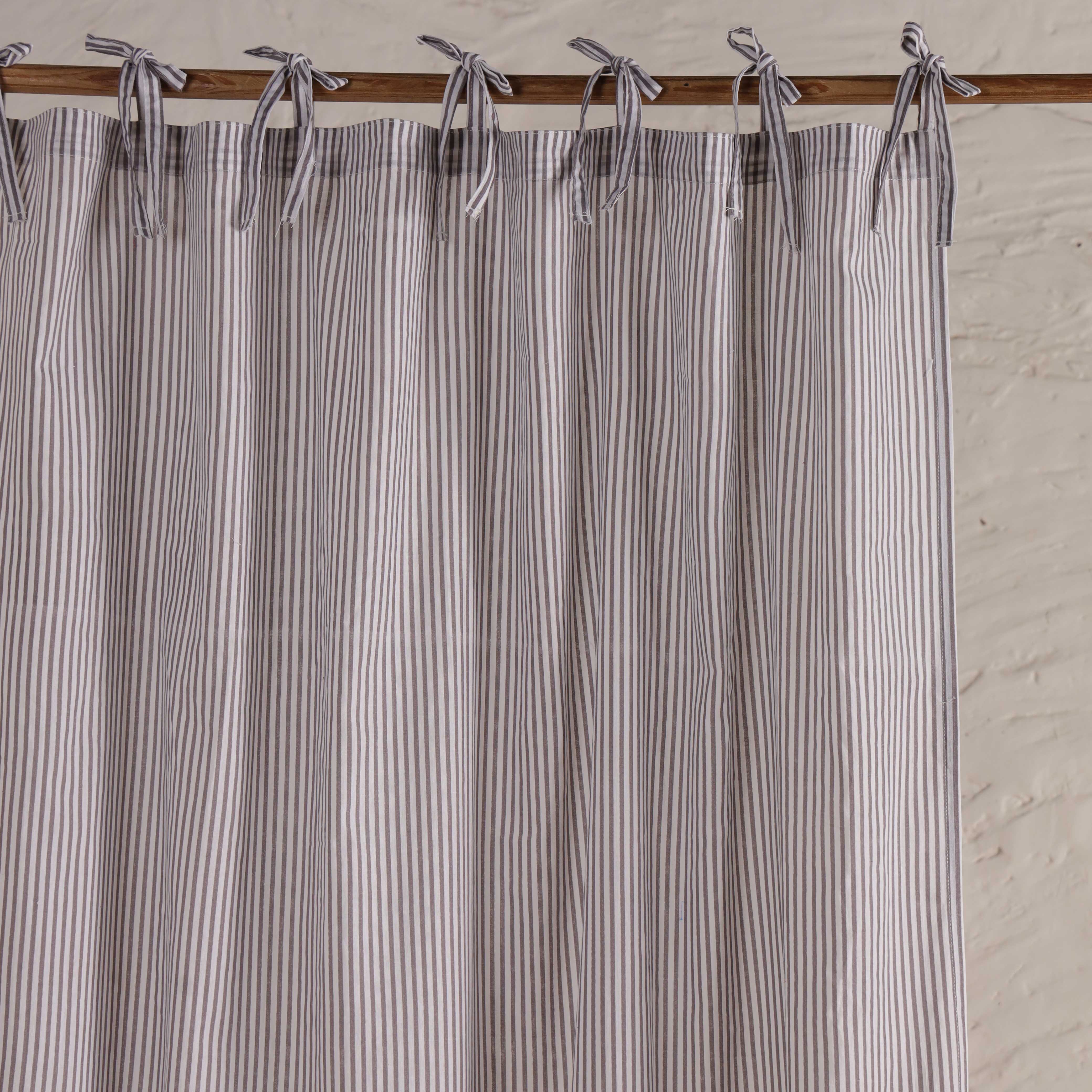 Handcrafted 100% Cotton Striped Curtain - Modern Grey Ticking Stripe Window Treatment with Tie-Top Detail (Single Panel)