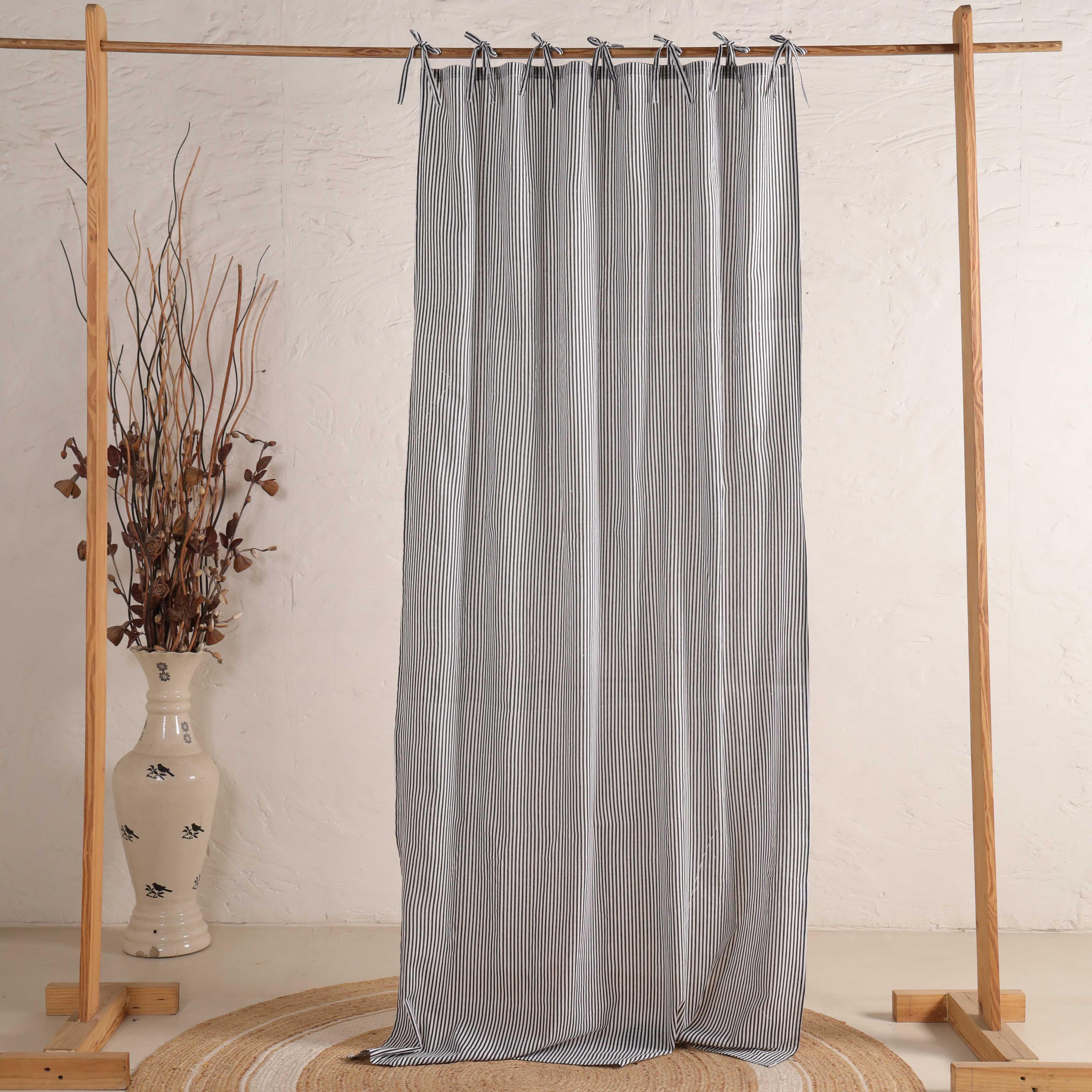 Premium 100% Cotton Black & White Striped Curtain - Single Panel - Modern Minimalist Tie-Top Window Treatment for Living Room & Bedroom