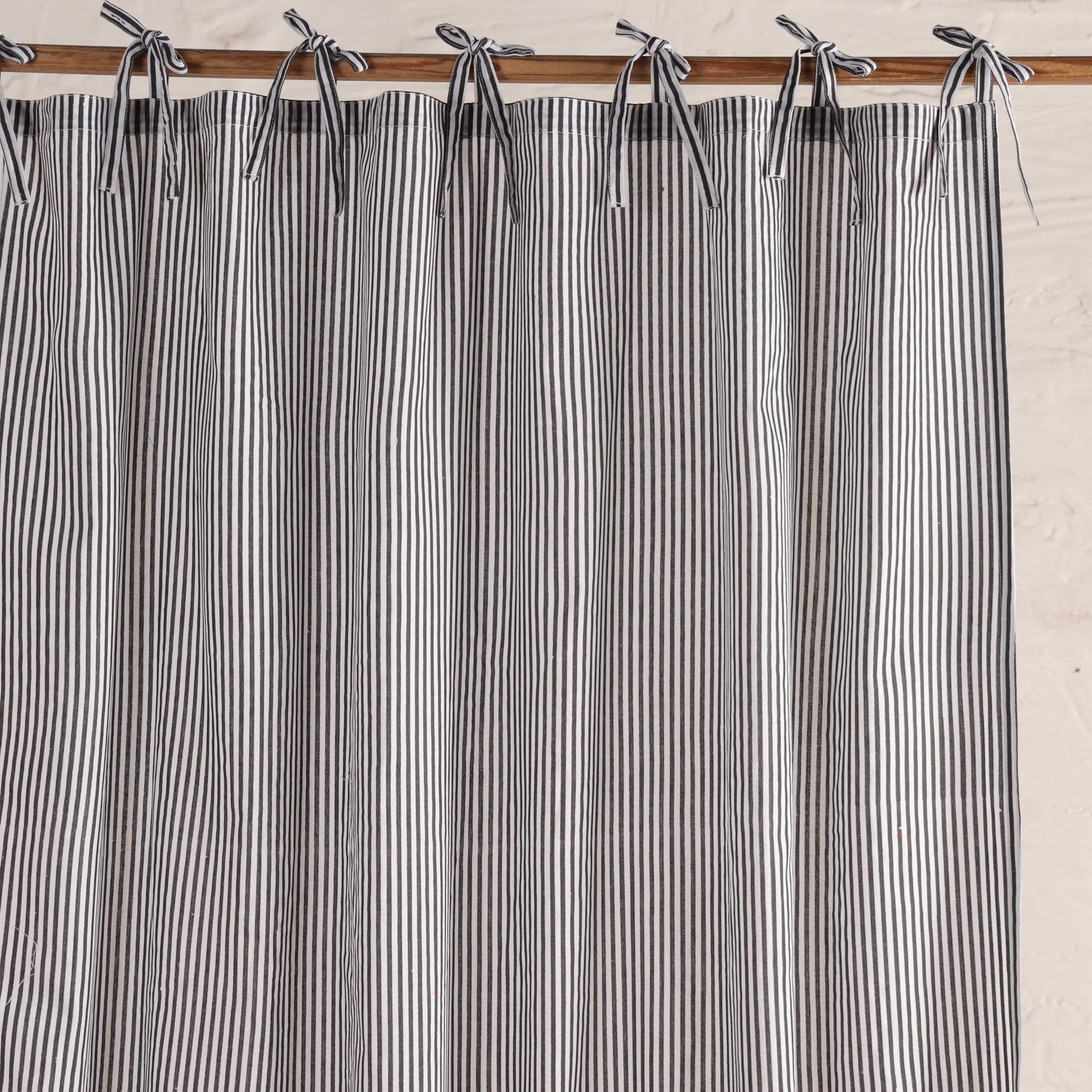 Premium 100% Cotton Black & White Striped Curtain - Single Panel - Modern Minimalist Tie-Top Window Treatment for Living Room & Bedroom