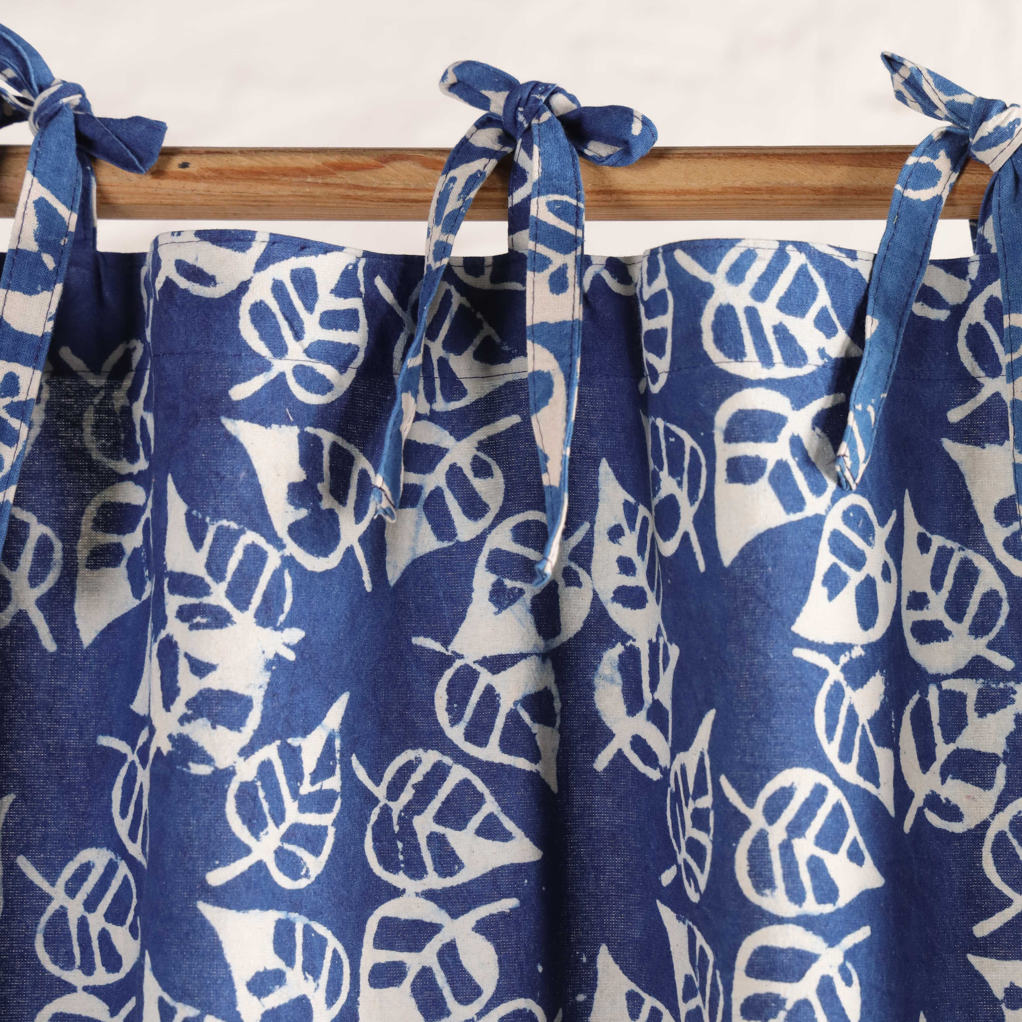 Premium 100% Cotton Botanical Leaf Print Curtain - Modern Indigo Blue & White Window Treatment with Tie-Top (Single Panel)