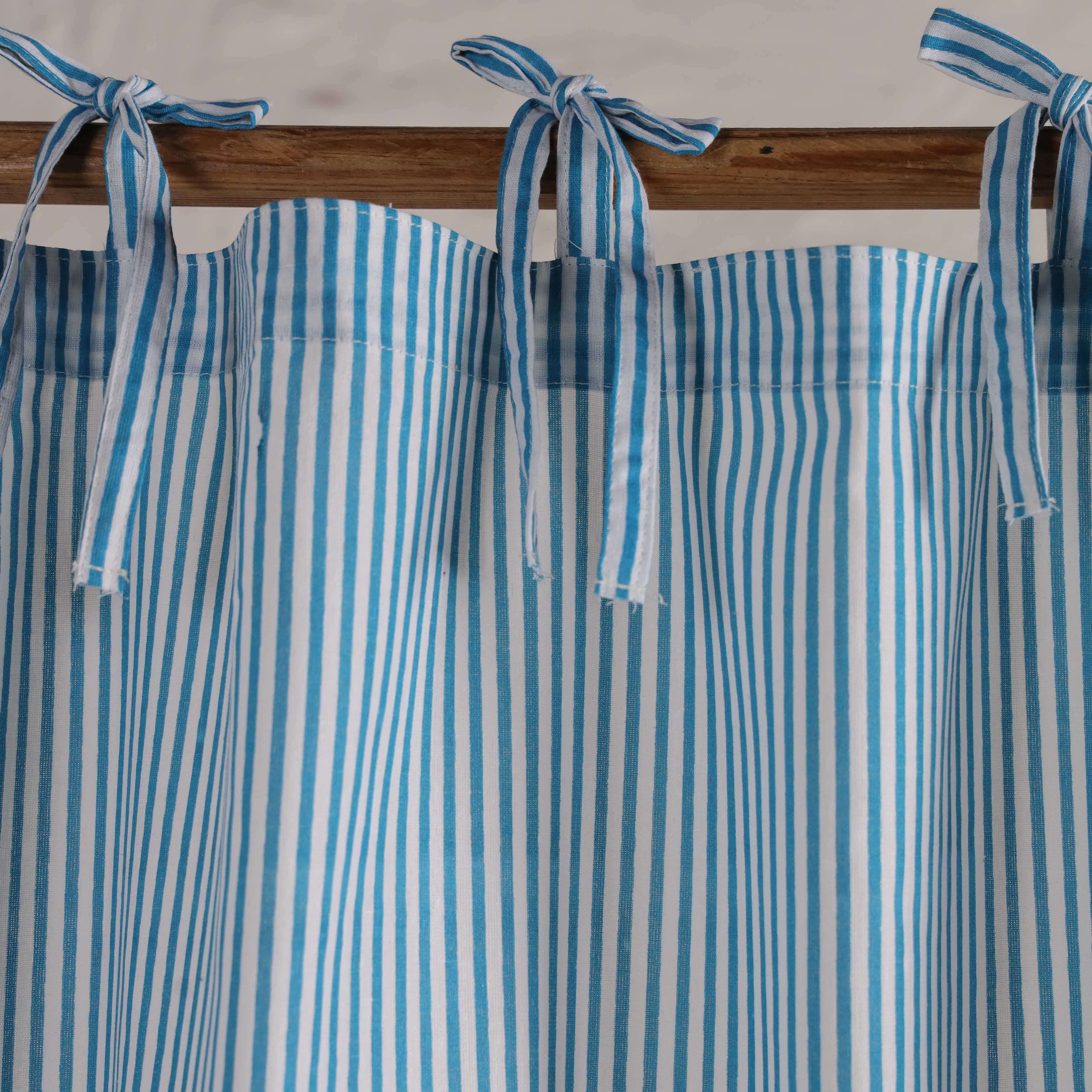 Sky Blue and White Pinstripe 100% Cotton Tie-Top Curtain - Single Panel Farmhouse Window Treatment