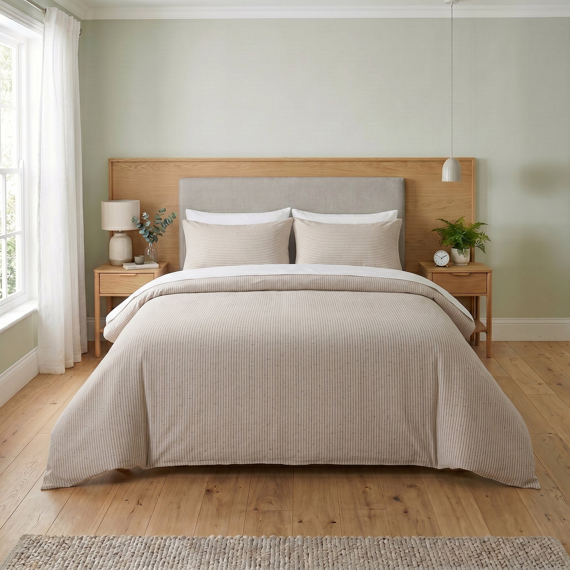 Beige Pinstripe Cotton Duvet Cover Set - Oatmeal Striped Bedding