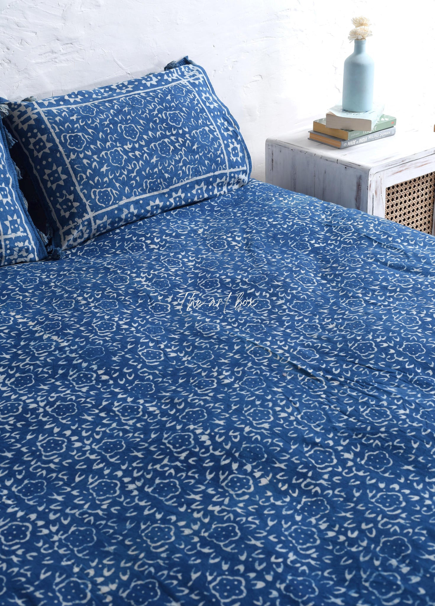 Vintage Look Stone Washed Wooden Block Printed Bedsheet and Pillow Set