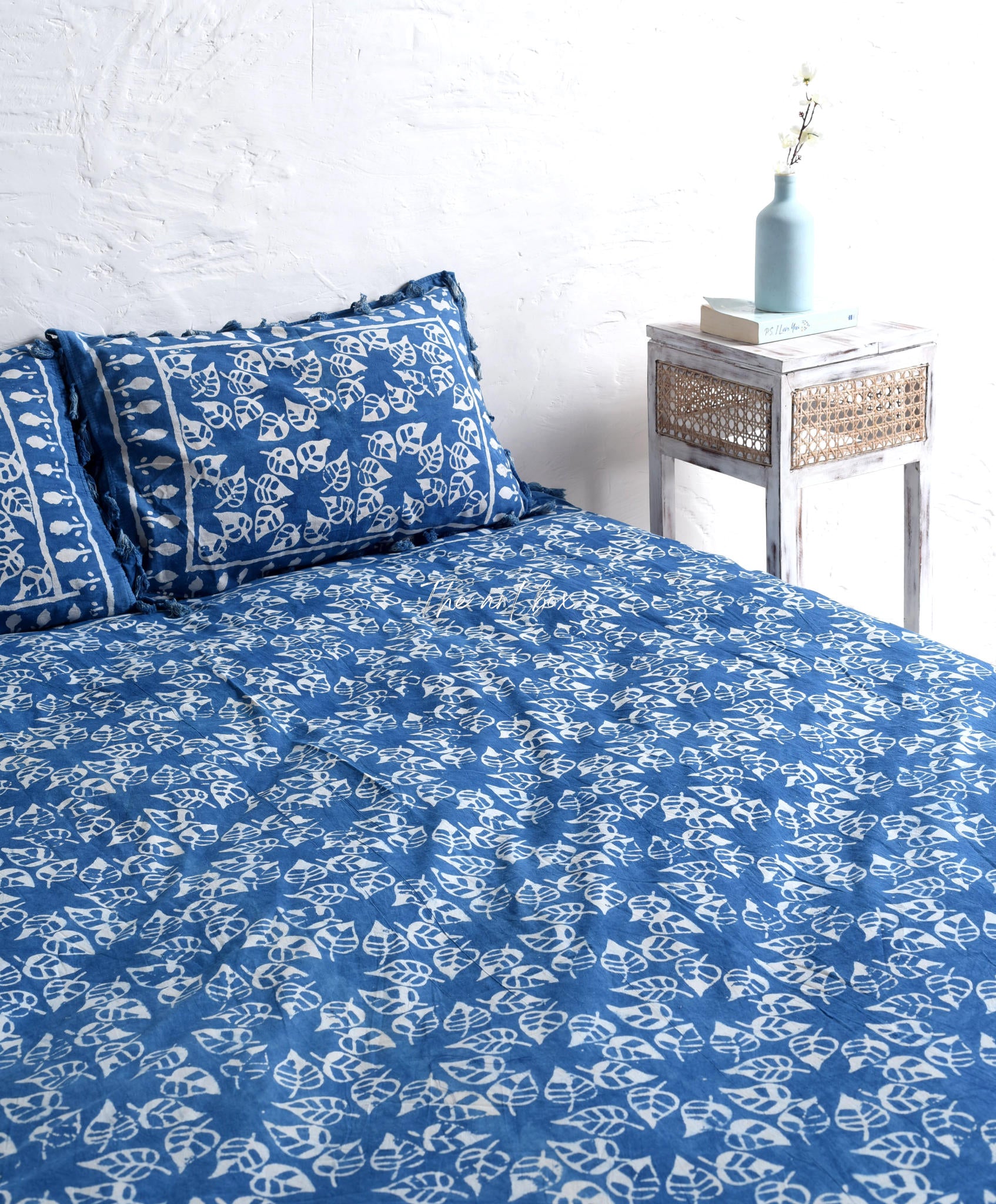 Indigo Leaf Block Printed Bedsheet and Pillow Set