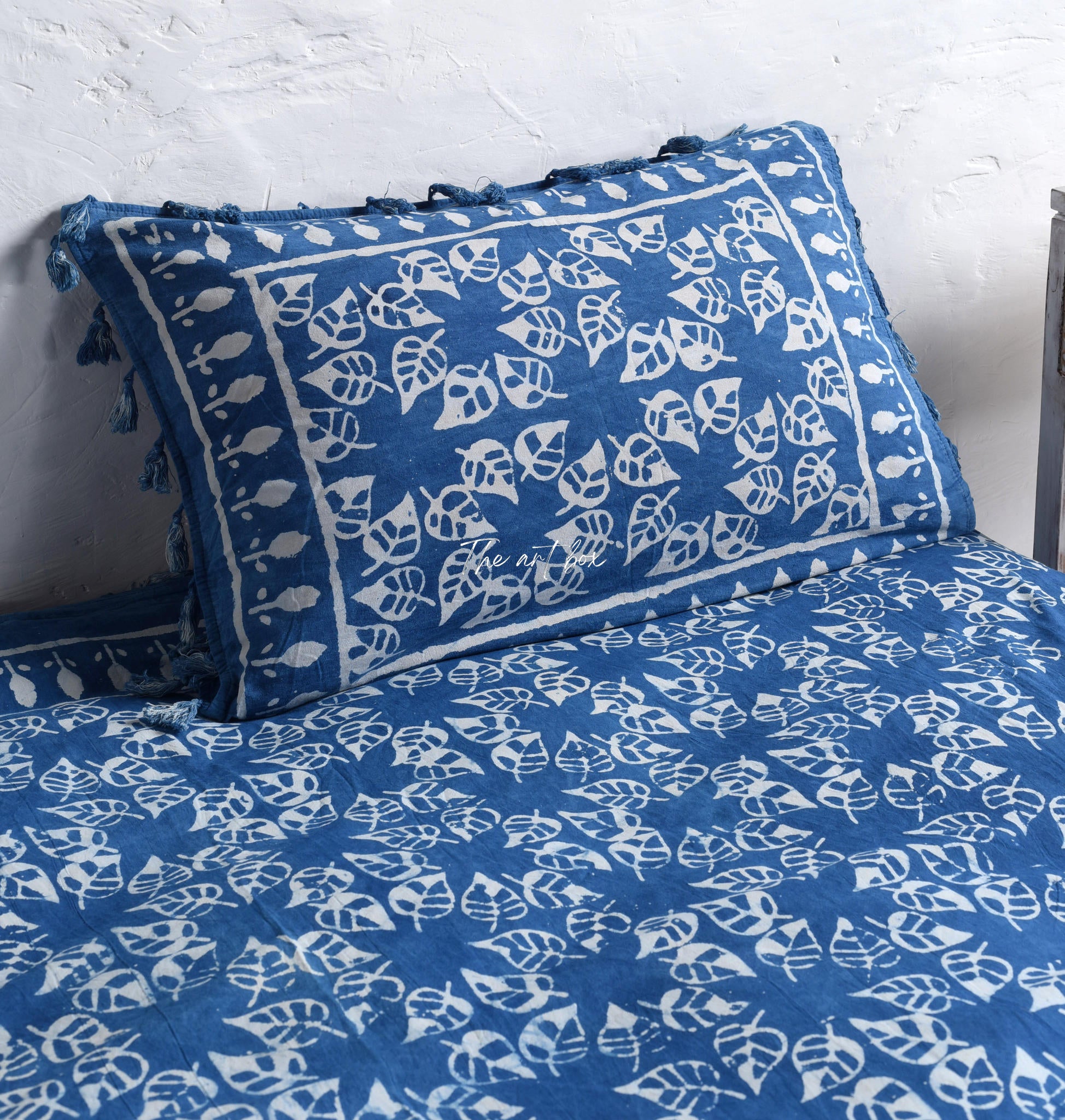 Indigo Leaf Block Printed Bedsheet and Pillow Set