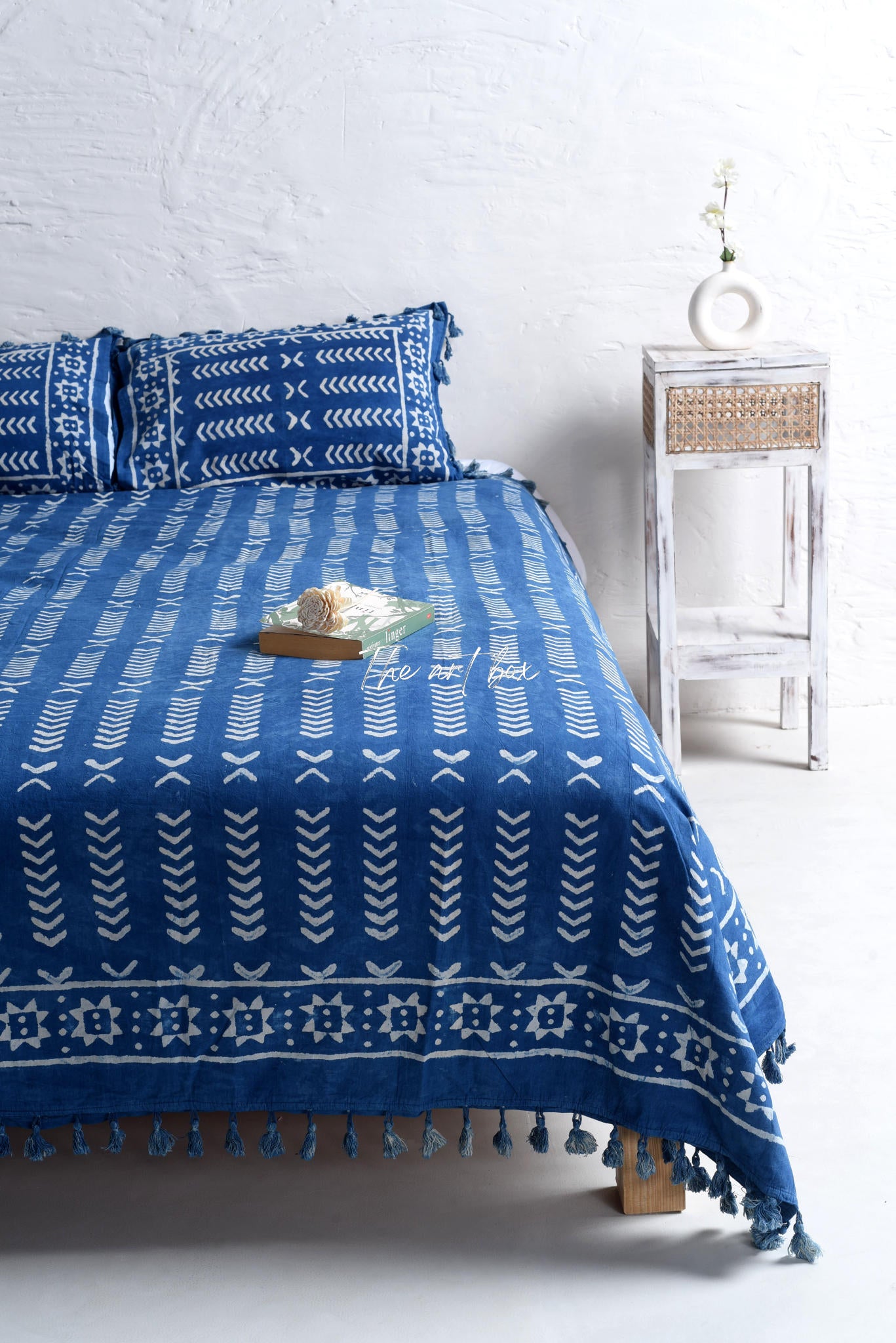 Indigo Stone Washed Block Printed Bedsheet and Pillow Set