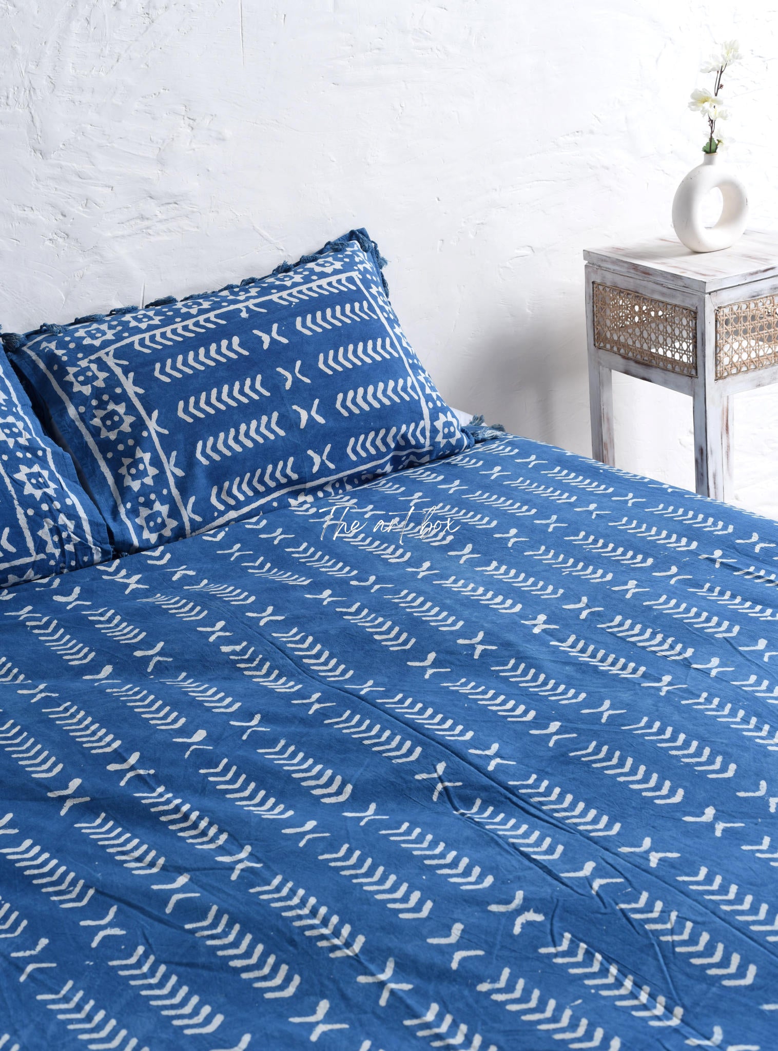 Indigo Stone Washed Block Printed Bedsheet and Pillow Set