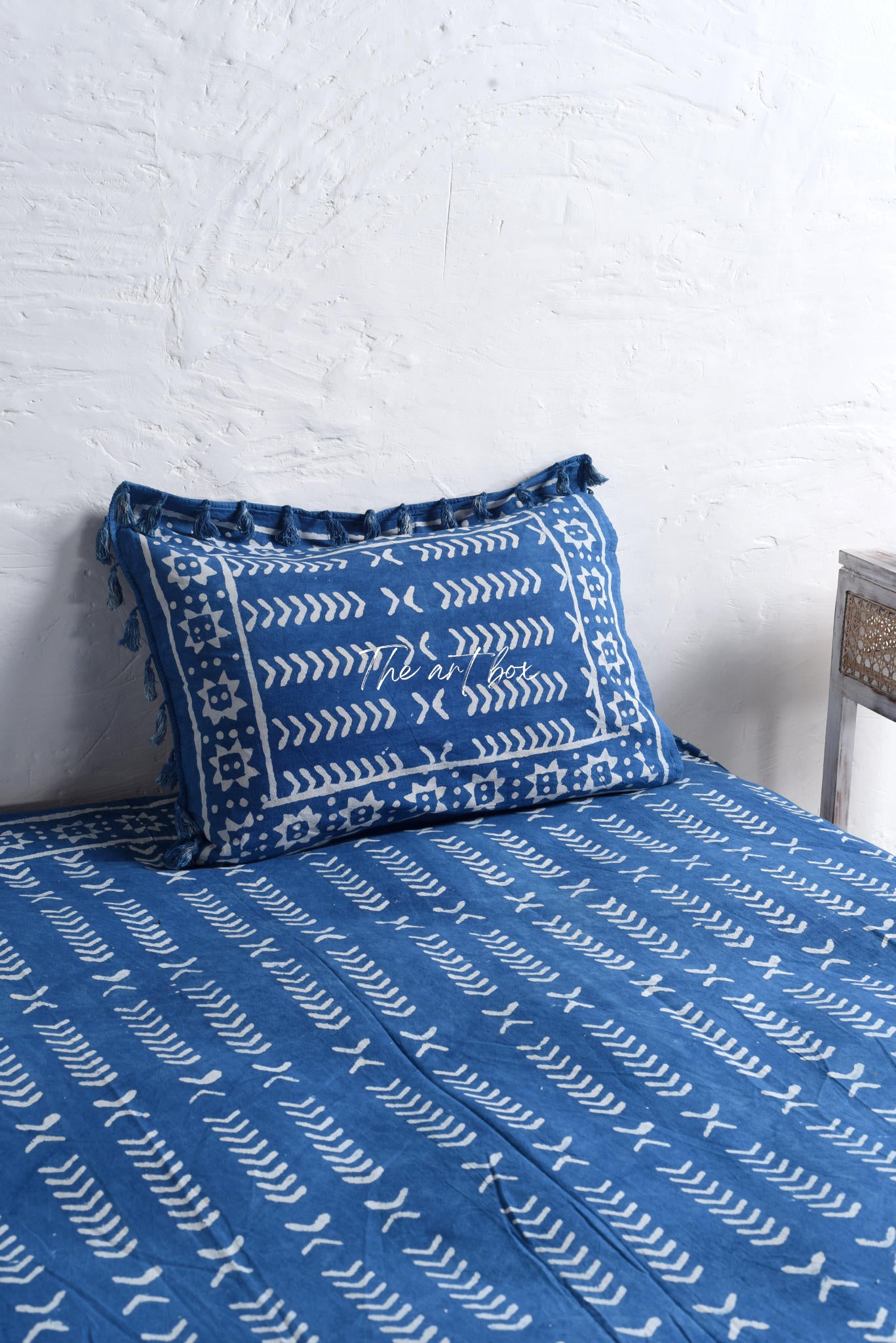 Indigo Stone Washed Block Printed Bedsheet and Pillow Set