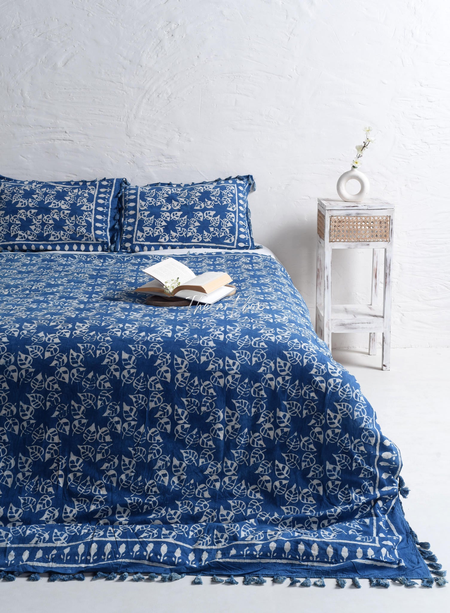 Indigo Leaf Block Printed Duvet Cover and Pillow Set